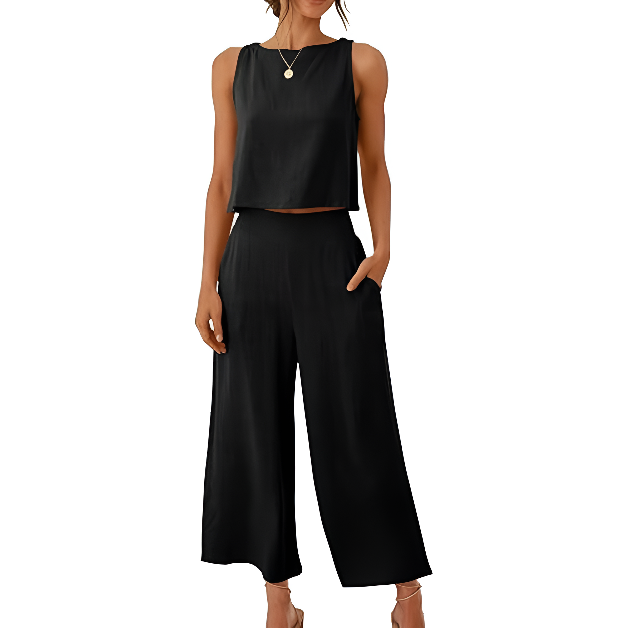 2 Piece Summer Wear Sleeveless Crop Capri Wide Pants Jumpsuit Outfit Set For Women