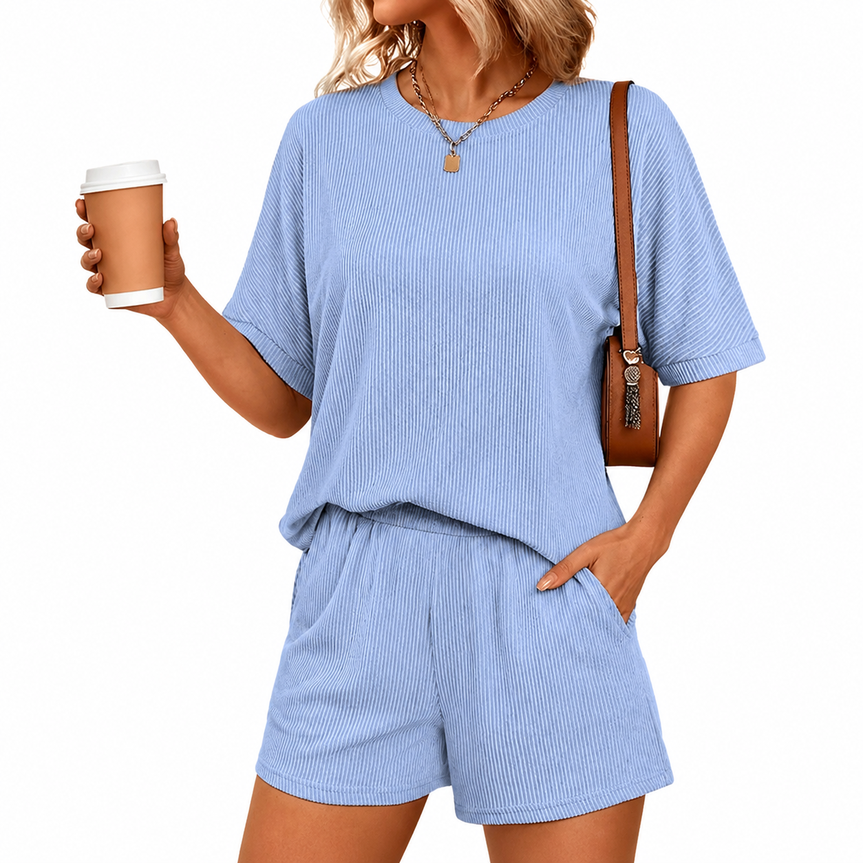 2 Piece Of Ribbed Loose Short Sleeve Matching Set With Shorts For Women