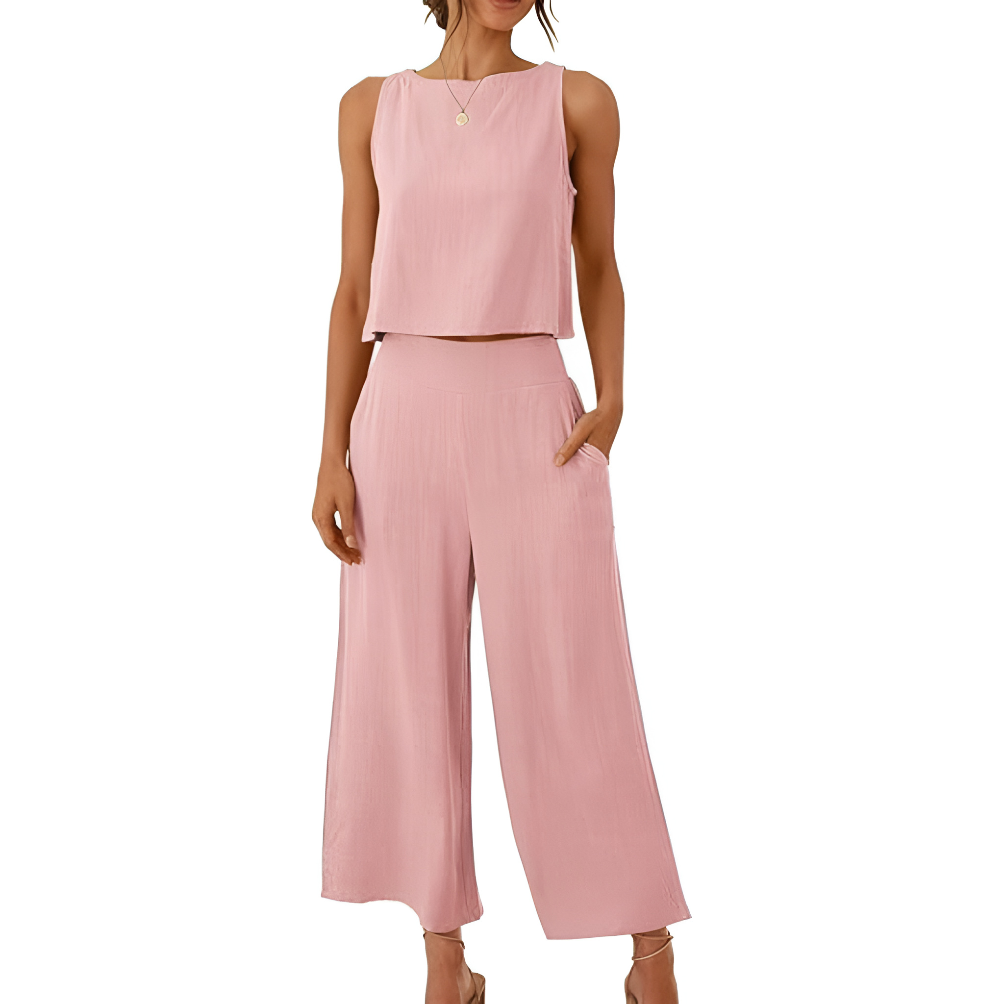 2 Piece Summer Wear Sleeveless Crop Capri Wide Pants Jumpsuit Outfit Set For Women