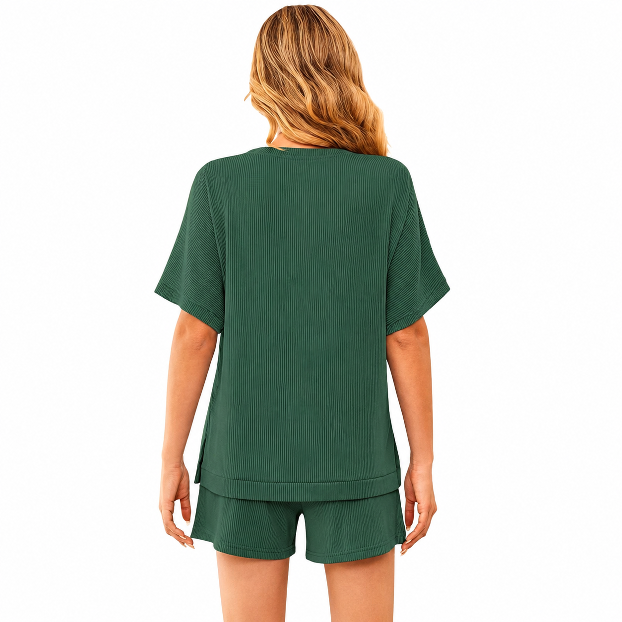 2 Piece Of Ribbed Loose Short Sleeve Matching Set With Shorts For Women