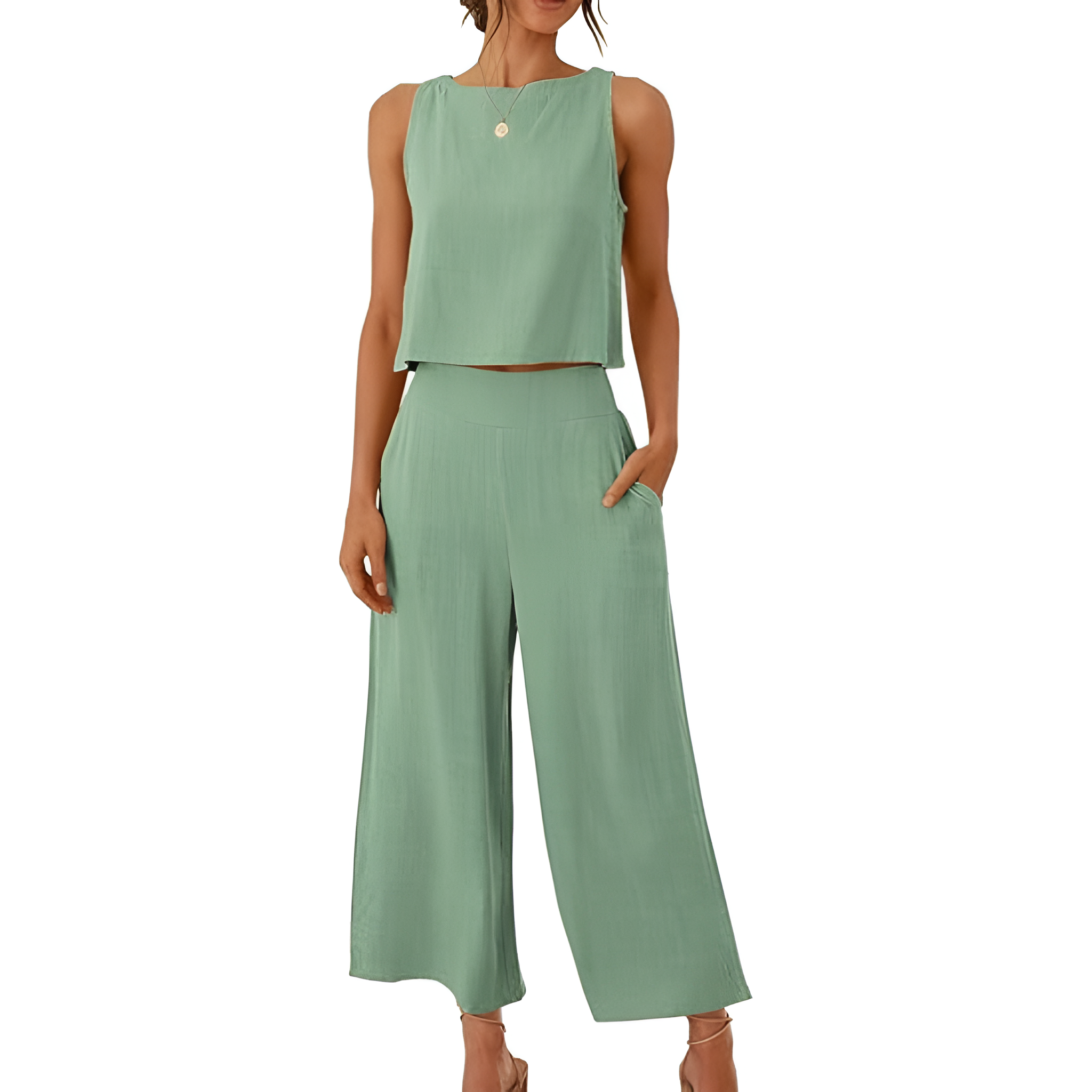 2 Piece Summer Wear Sleeveless Crop Capri Wide Pants Jumpsuit Outfit Set For Women