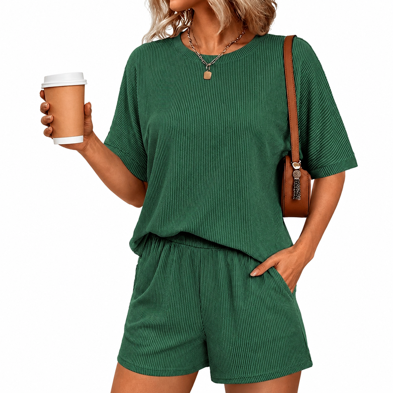 2 Piece Of Ribbed Loose Short Sleeve Matching Set With Shorts For Women