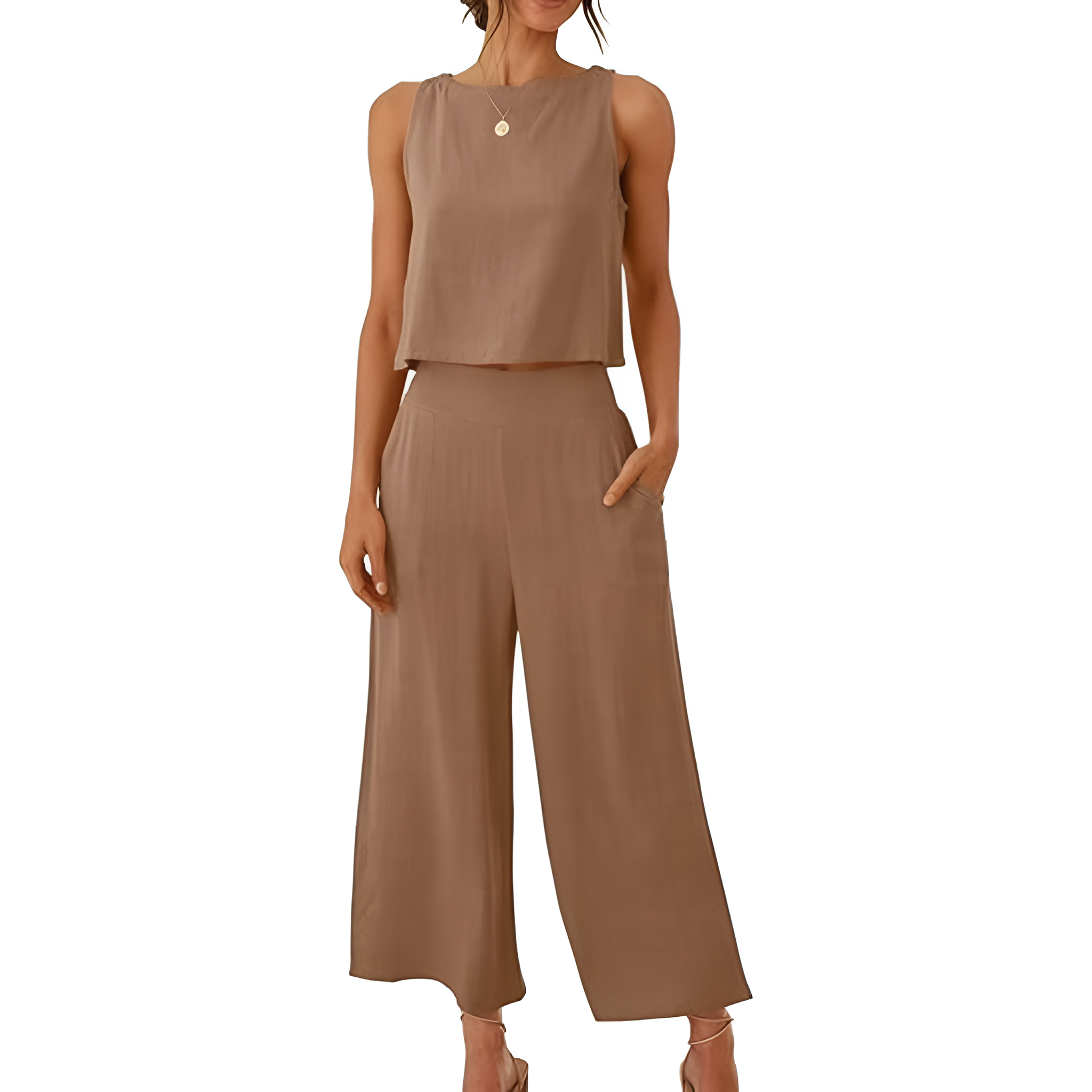 2 Piece Summer Wear Sleeveless Crop Capri Wide Pants Jumpsuit Outfit Set For Women
