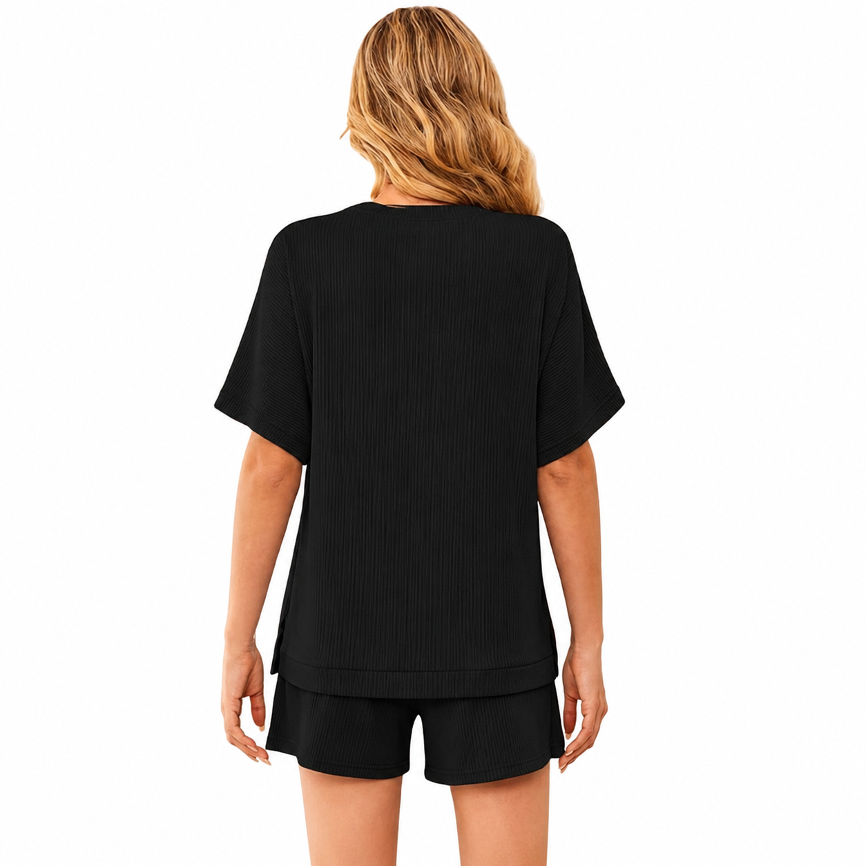2 Piece Of Ribbed Loose Short Sleeve Matching Set With Shorts For Women