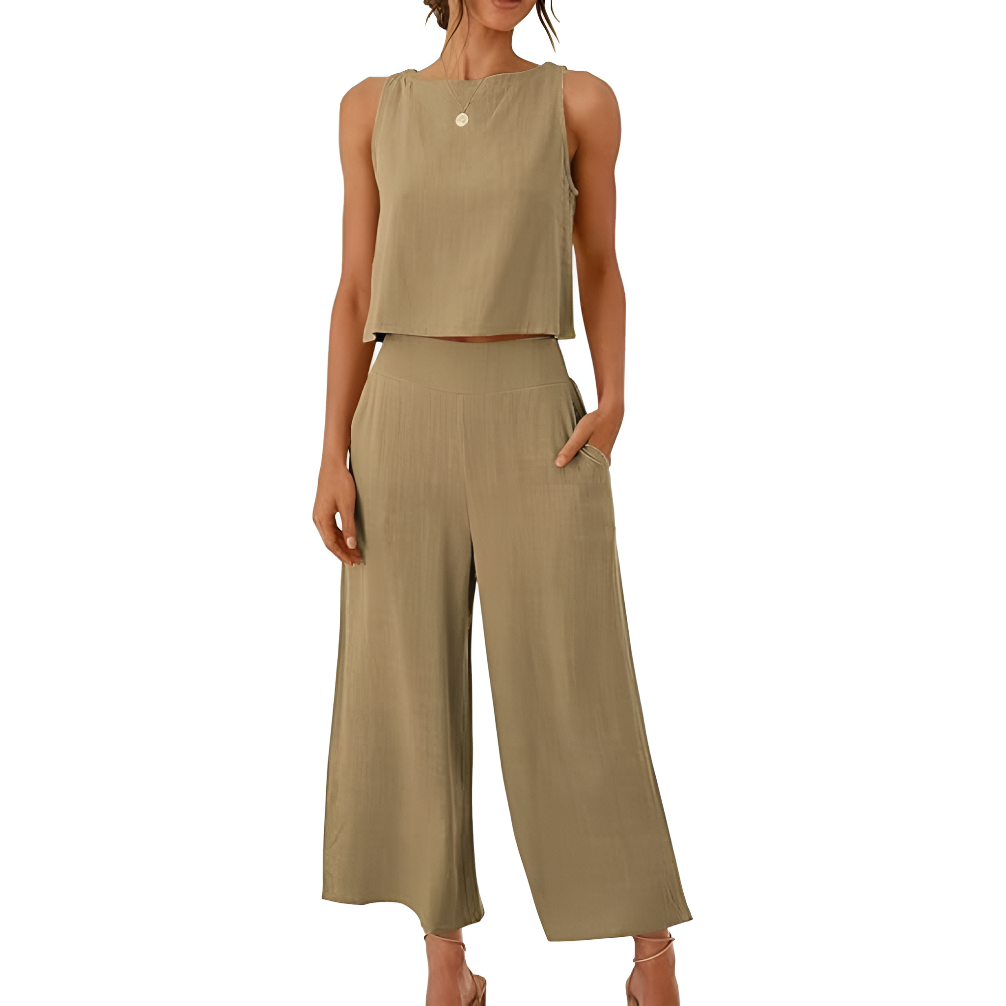 2 Piece Summer Wear Sleeveless Crop Capri Wide Pants Jumpsuit Outfit Set For Women