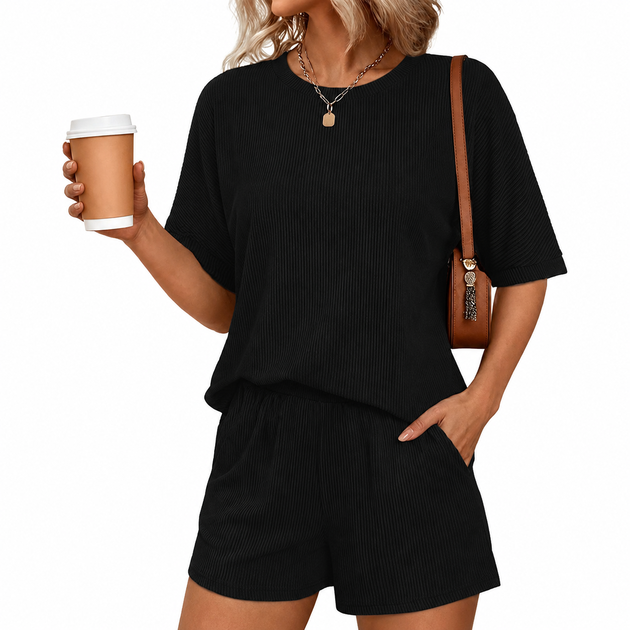 2 Piece Of Ribbed Loose Short Sleeve Matching Set With Shorts For Women