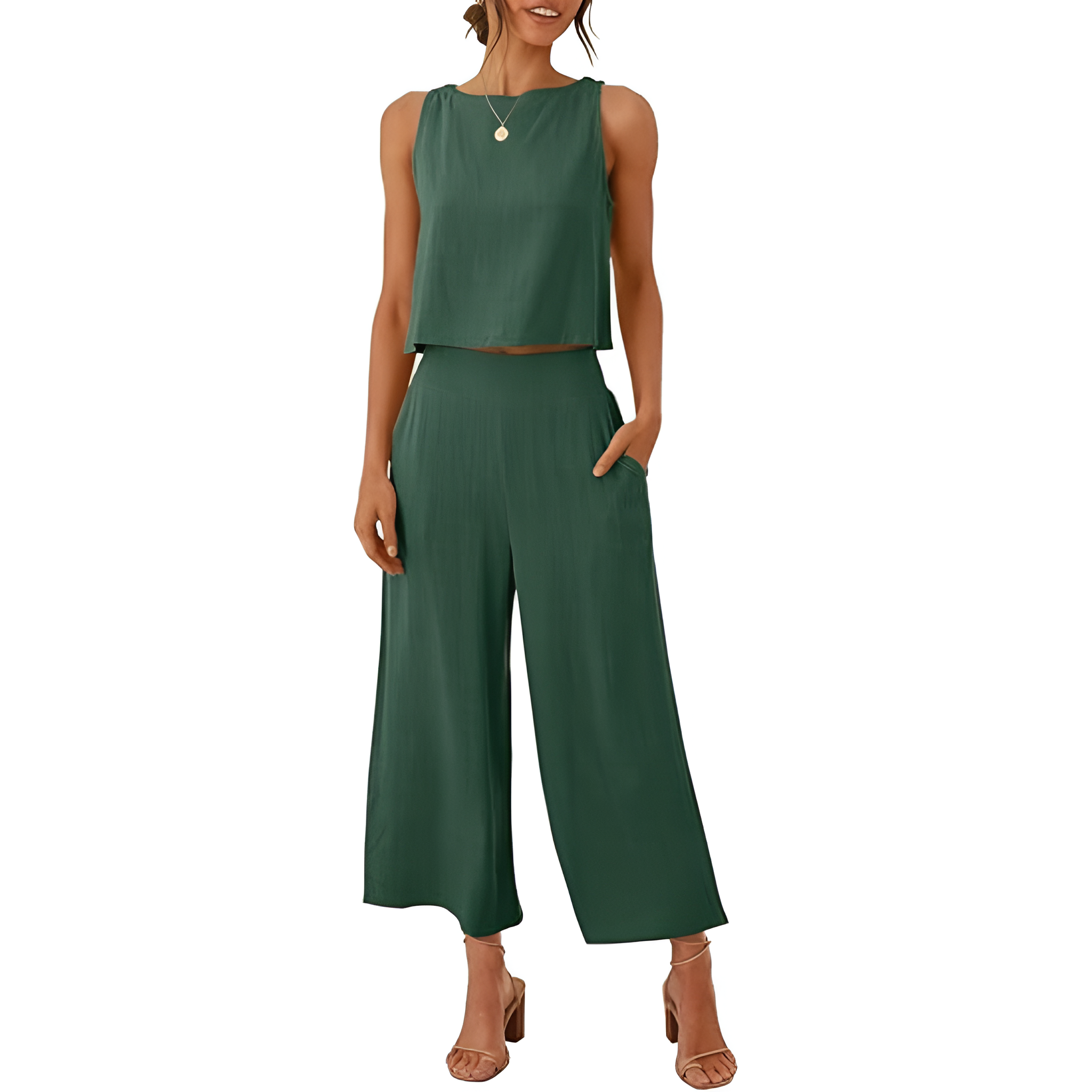 2 Piece Summer Wear Sleeveless Crop Capri Wide Pants Jumpsuit Outfit Set For Women