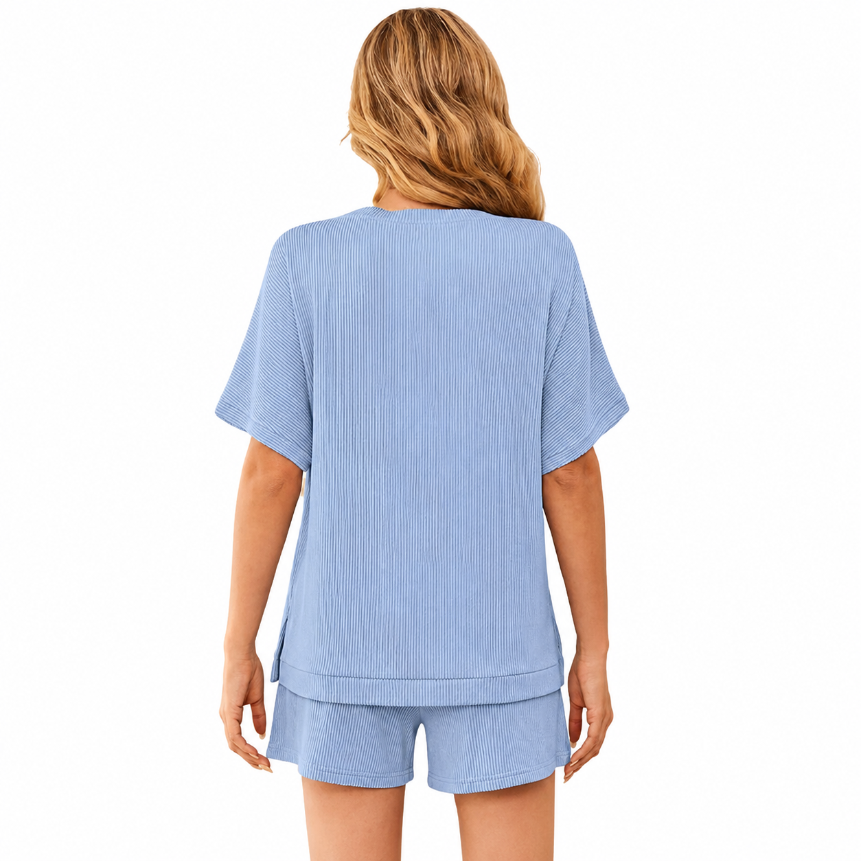 2 Piece Of Ribbed Loose Short Sleeve Matching Set With Shorts For Women