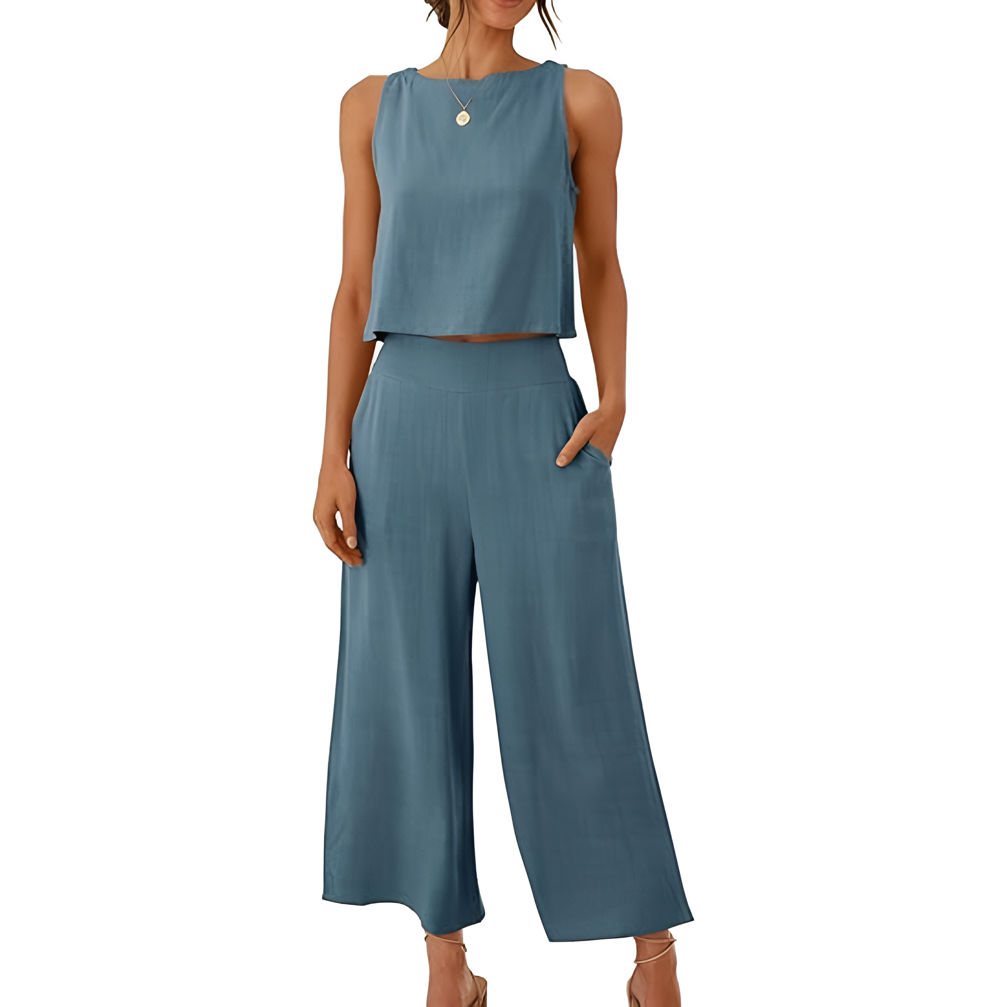 2 Piece Summer Wear Sleeveless Crop Capri Wide Pants Jumpsuit Outfit Set For Women