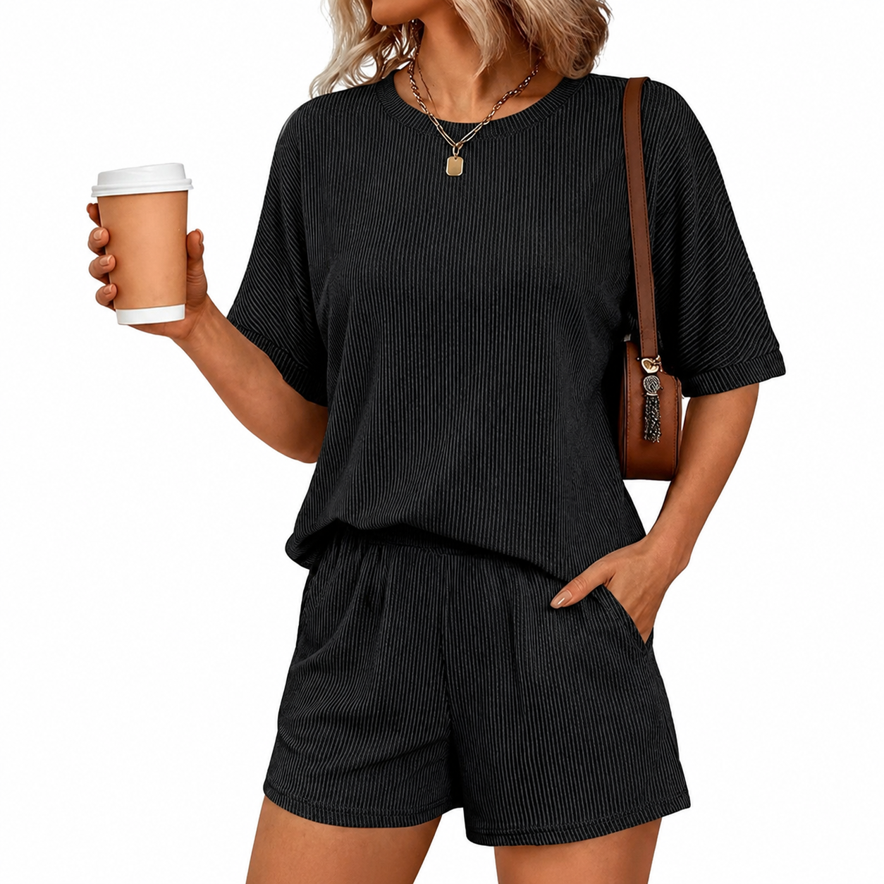 2 Piece Of Ribbed Loose Short Sleeve Matching Set With Shorts For Women