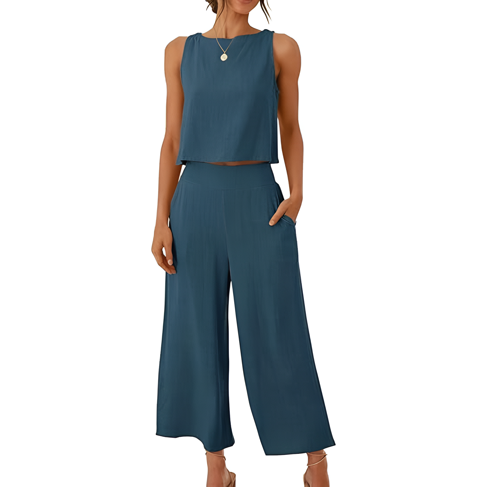 2 Piece Summer Wear Sleeveless Crop Capri Wide Pants Jumpsuit Outfit Set For Women