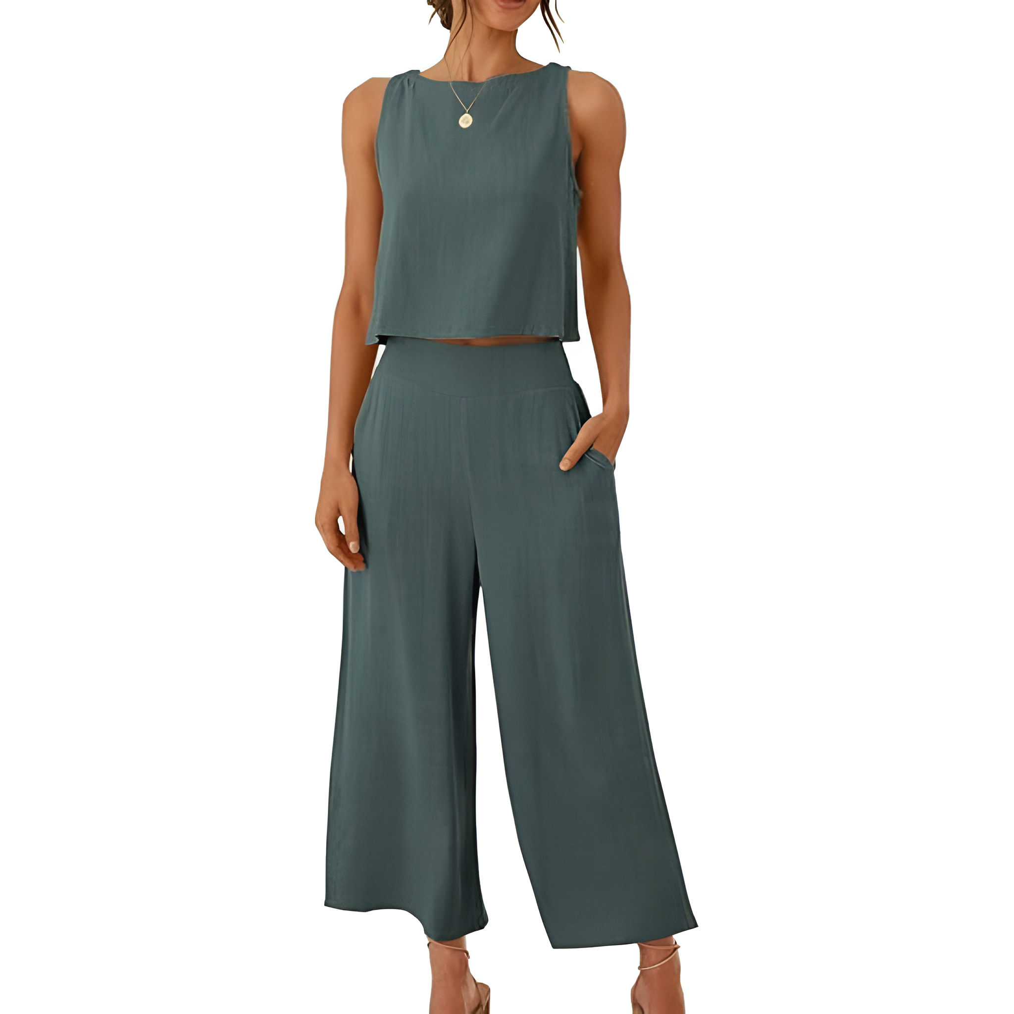 2 Piece Summer Wear Sleeveless Crop Capri Wide Pants Jumpsuit Outfit Set For Women