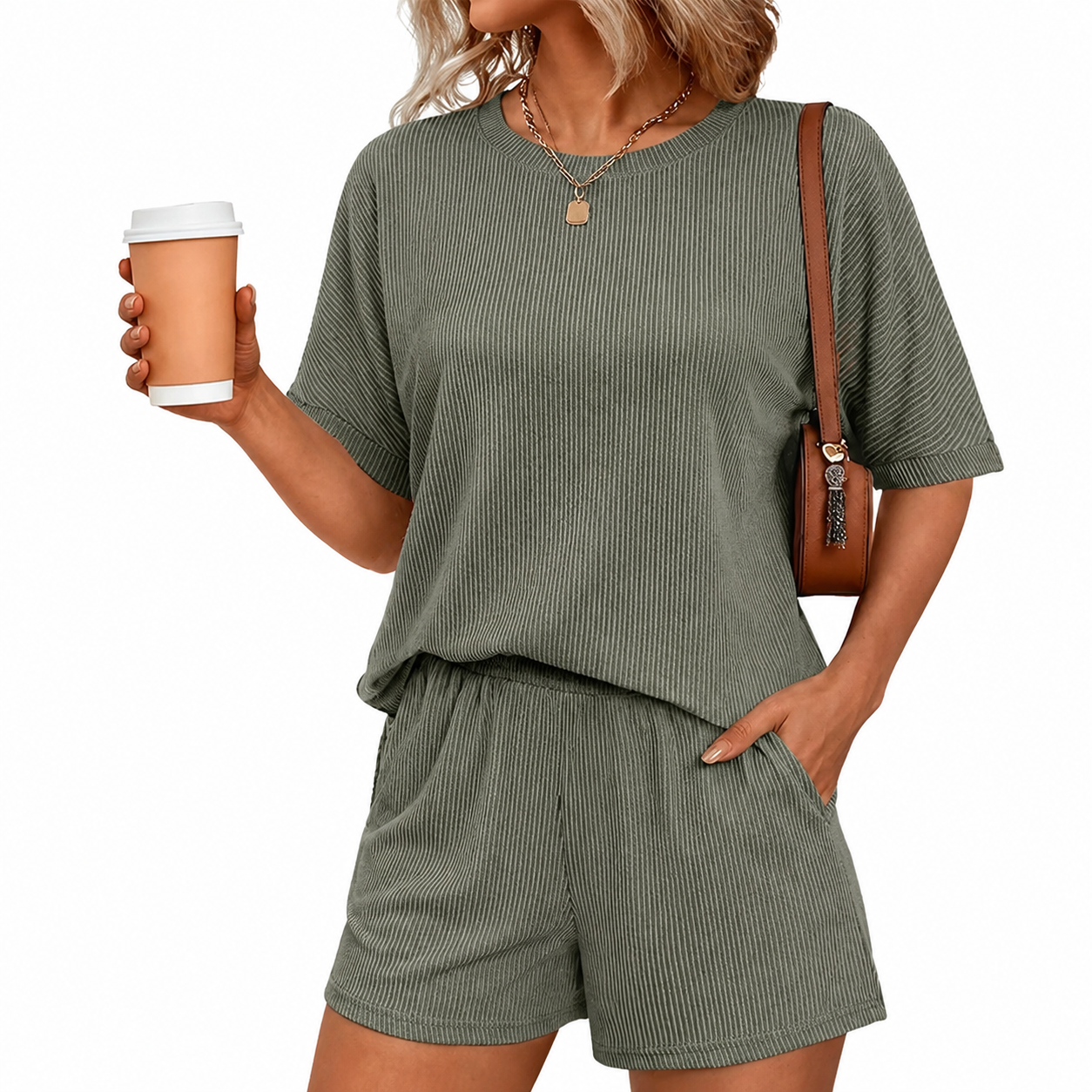 2 Piece Of Ribbed Loose Short Sleeve Matching Set With Shorts For Women