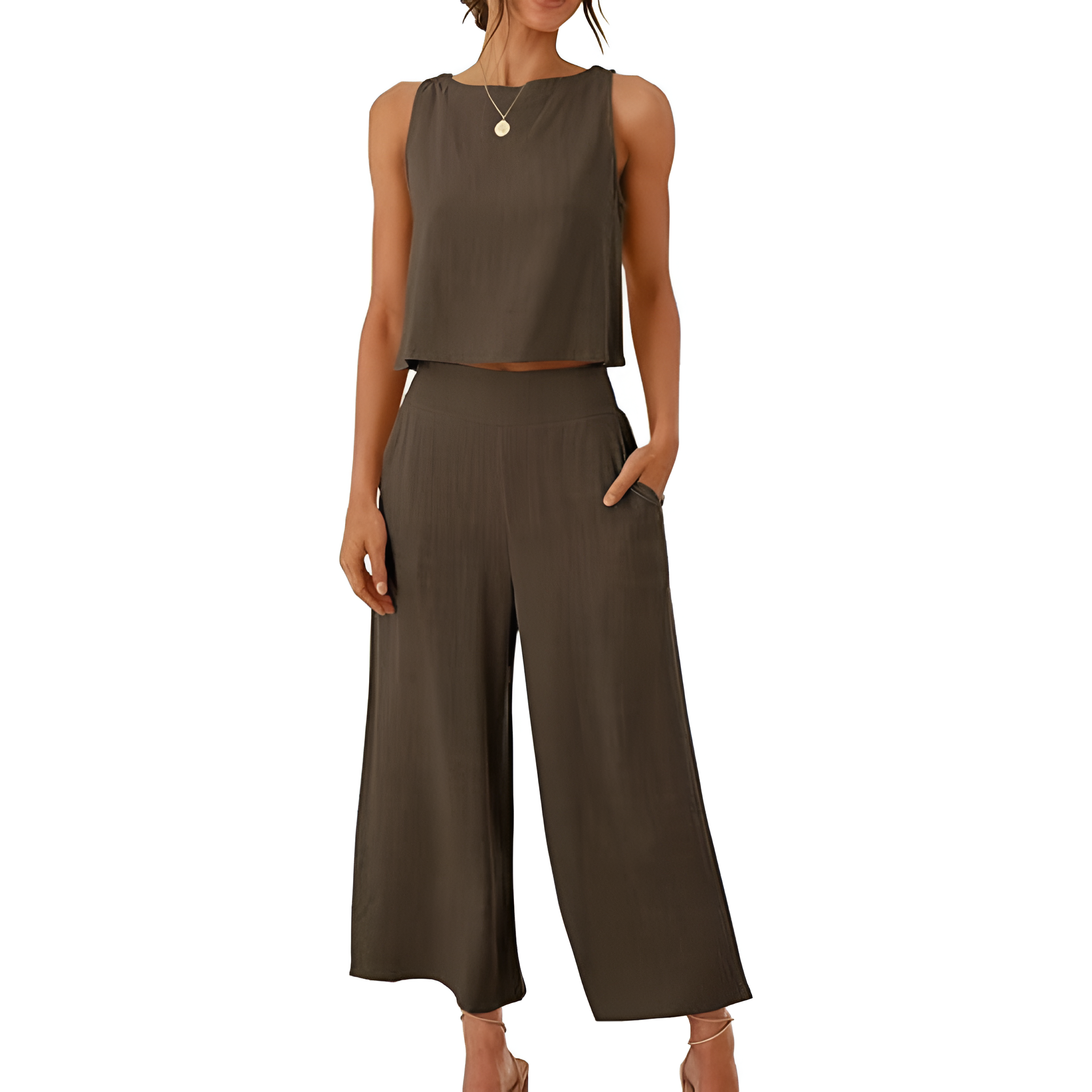 2 Piece Summer Wear Sleeveless Crop Capri Wide Pants Jumpsuit Outfit Set For Women