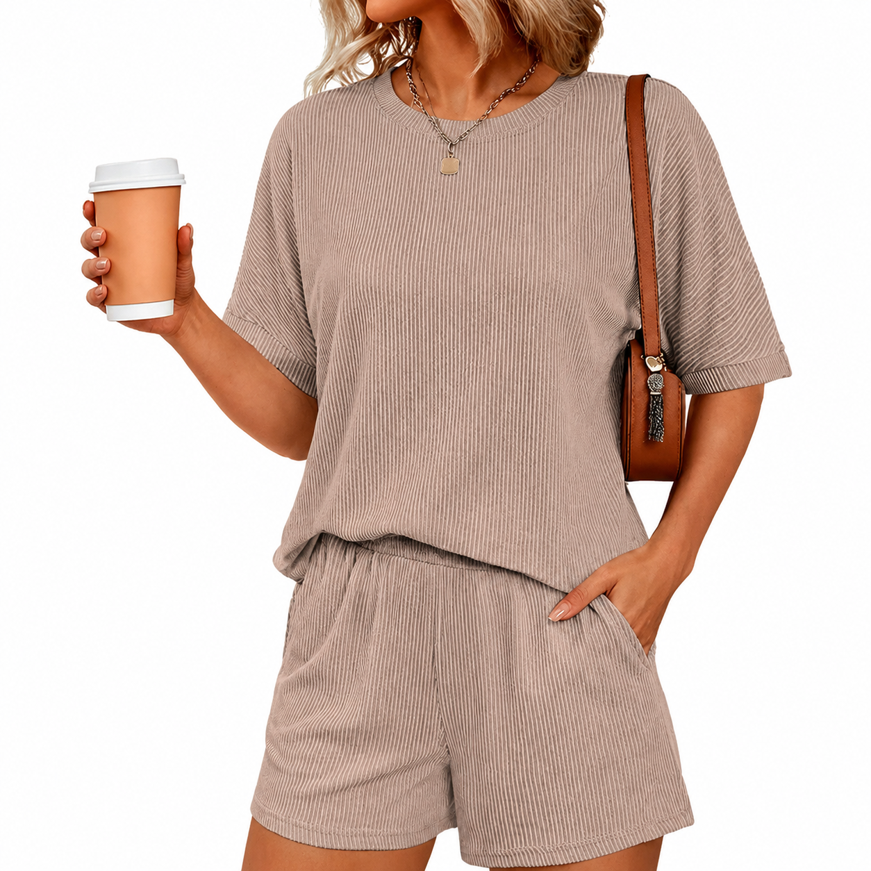 2 Piece Of Ribbed Loose Short Sleeve Matching Set With Shorts For Women