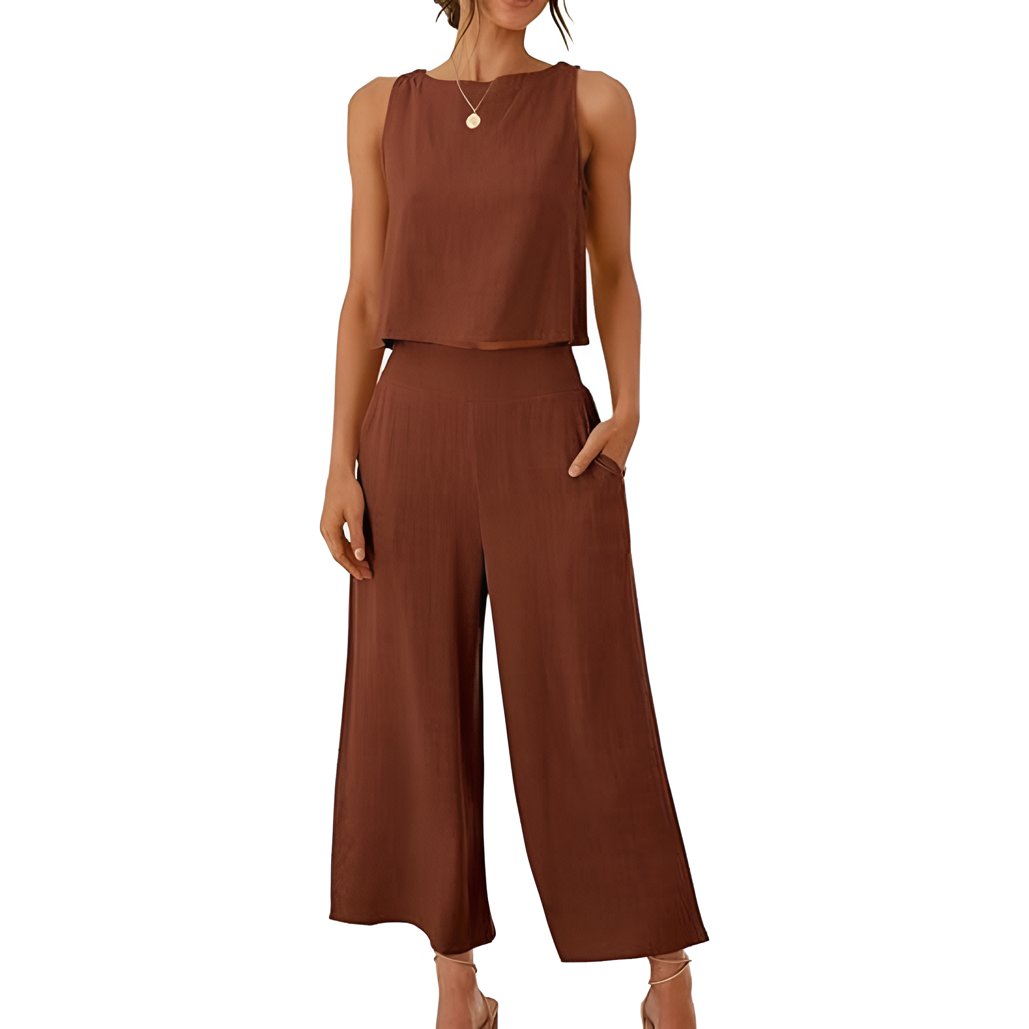 2 Piece Summer Wear Sleeveless Crop Capri Wide Pants Jumpsuit Outfit Set For Women