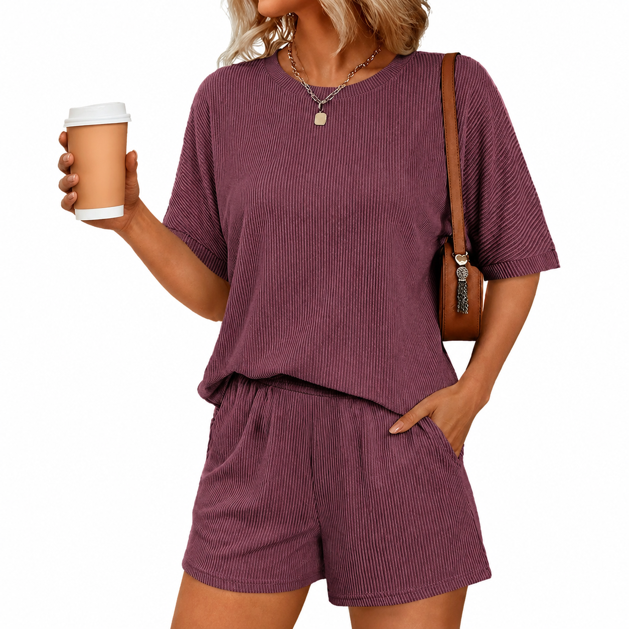 2 Piece Of Ribbed Loose Short Sleeve Matching Set With Shorts For Women