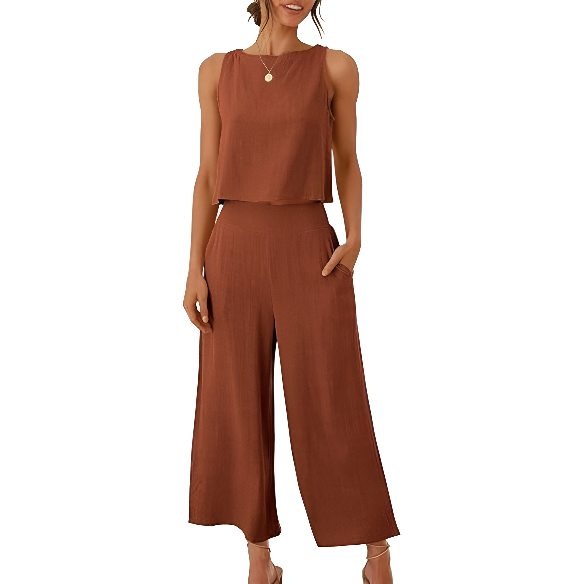 2 Piece Summer Wear Sleeveless Crop Capri Wide Pants Jumpsuit Outfit Set For Women
