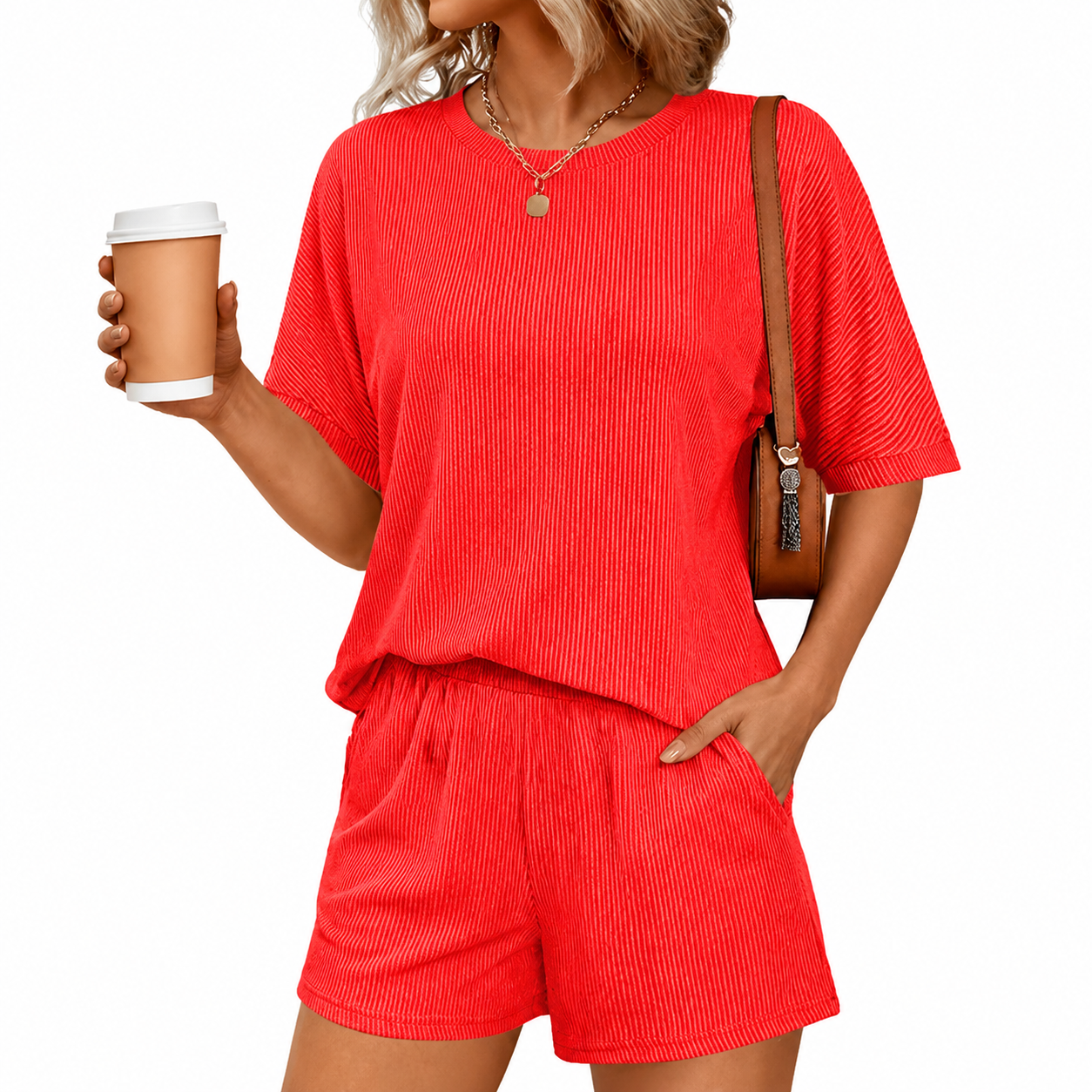 2 Piece Of Ribbed Loose Short Sleeve Matching Set With Shorts For Women