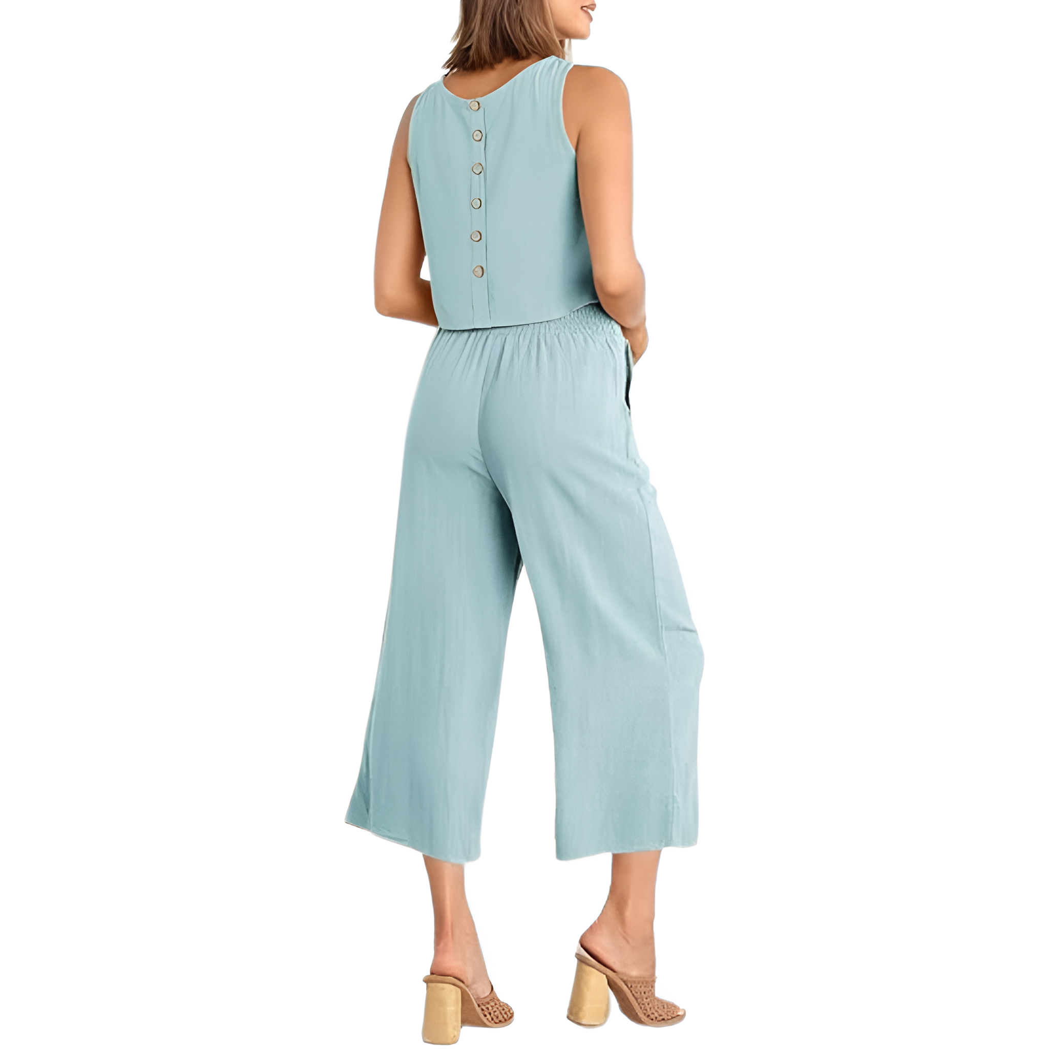 2 Piece Summer Wear Sleeveless Crop Capri Wide Pants Jumpsuit Outfit Set For Women
