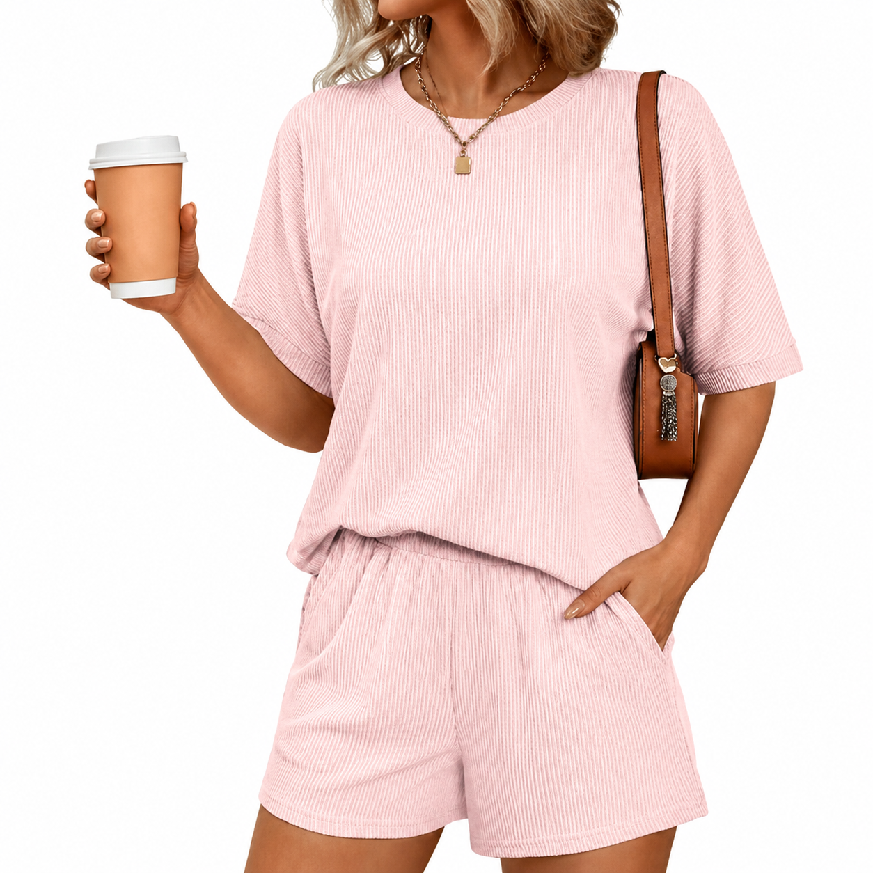2 Piece Of Ribbed Loose Short Sleeve Matching Set With Shorts For Women