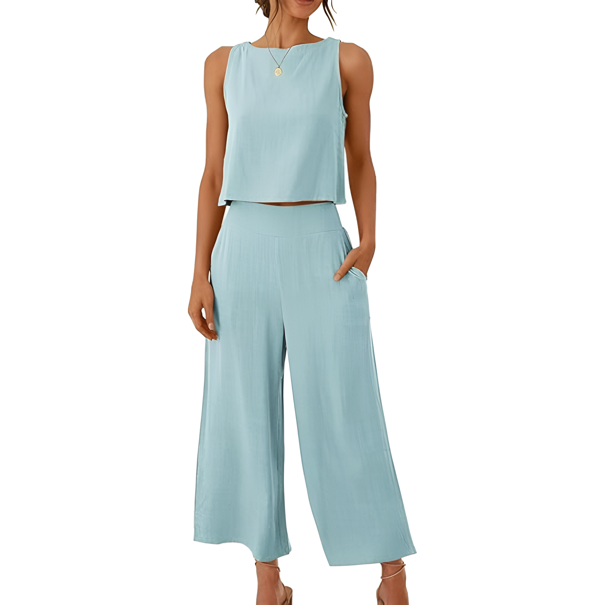 2 Piece Summer Wear Sleeveless Crop Capri Wide Pants Jumpsuit Outfit Set For Women