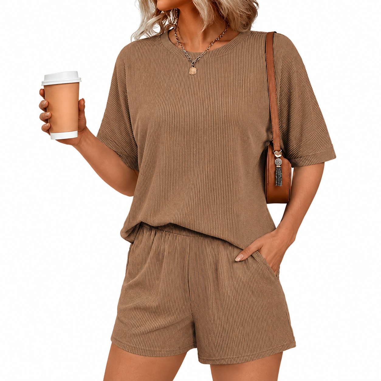 2 Piece Of Ribbed Loose Short Sleeve Matching Set With Shorts For Women