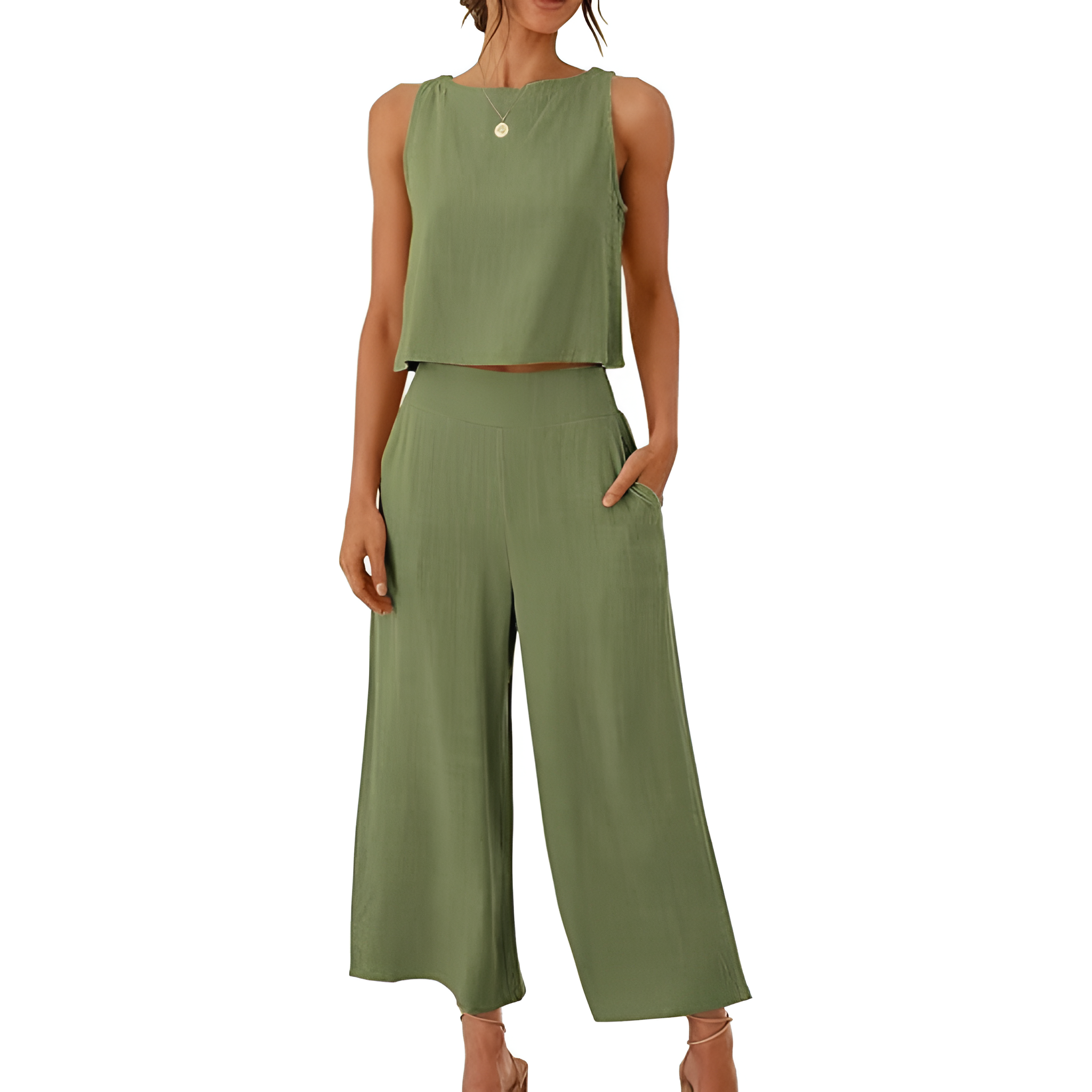 2 Piece Summer Wear Sleeveless Crop Capri Wide Pants Jumpsuit Outfit Set For Women