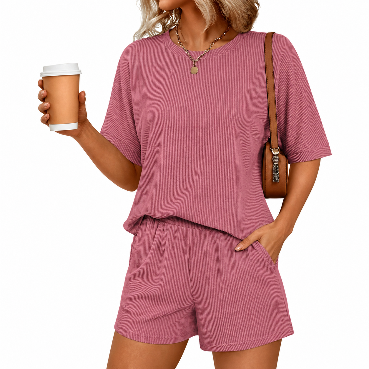 2 Piece Of Ribbed Loose Short Sleeve Matching Set With Shorts For Women