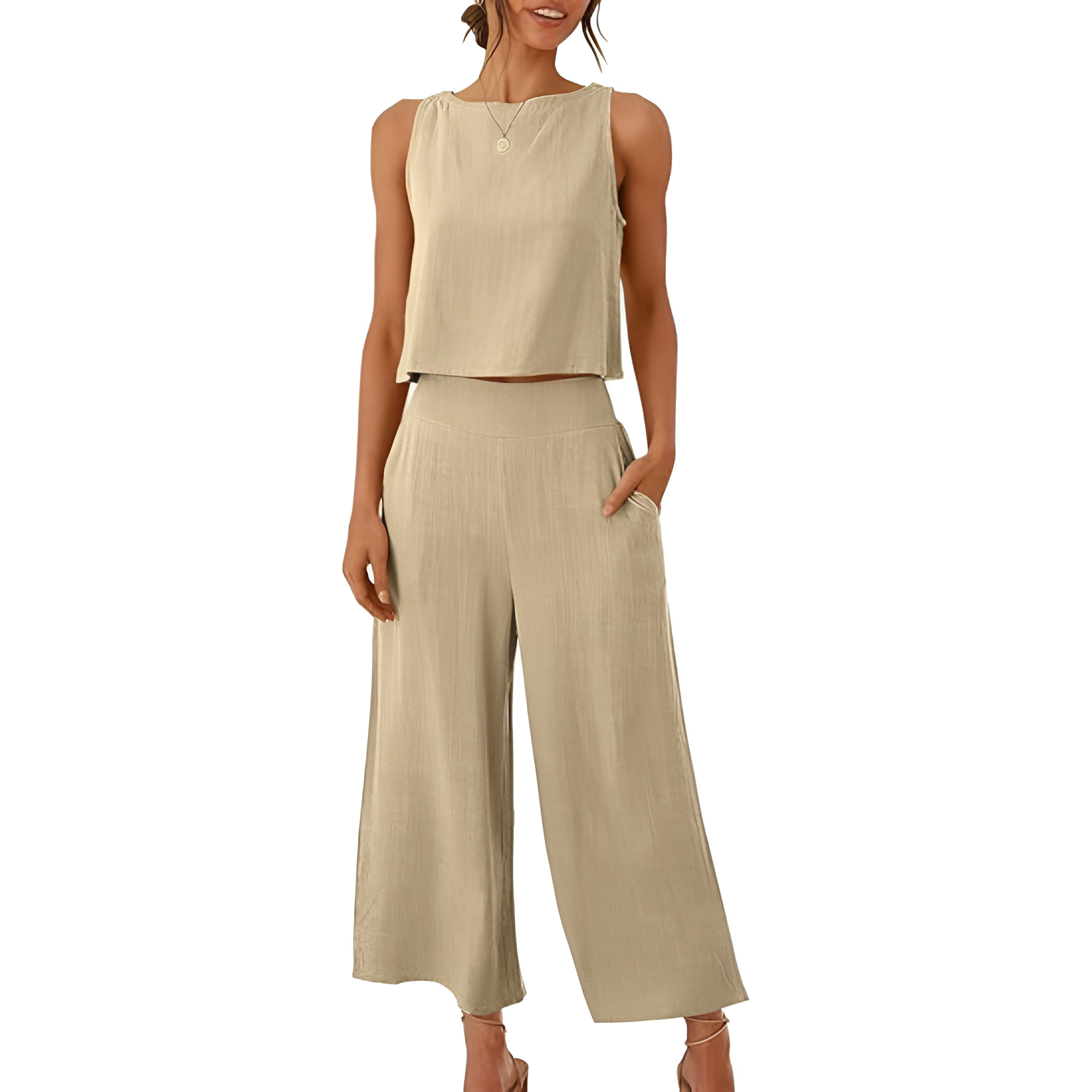2 Piece Summer Wear Sleeveless Crop Capri Wide Pants Jumpsuit Outfit Set For Women