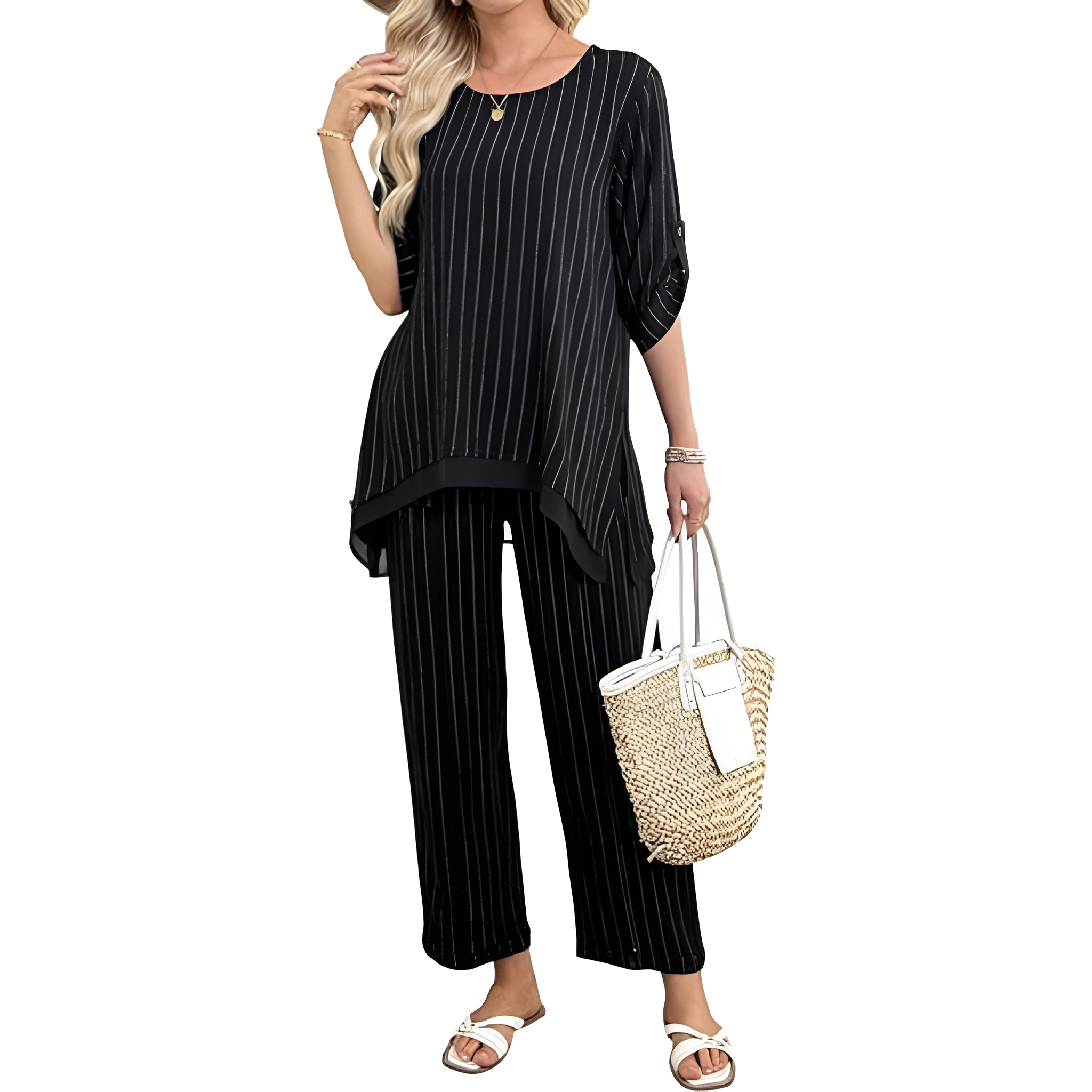 Wide Linen Rolled Sleeves Two Pieces Outfit Set For Women