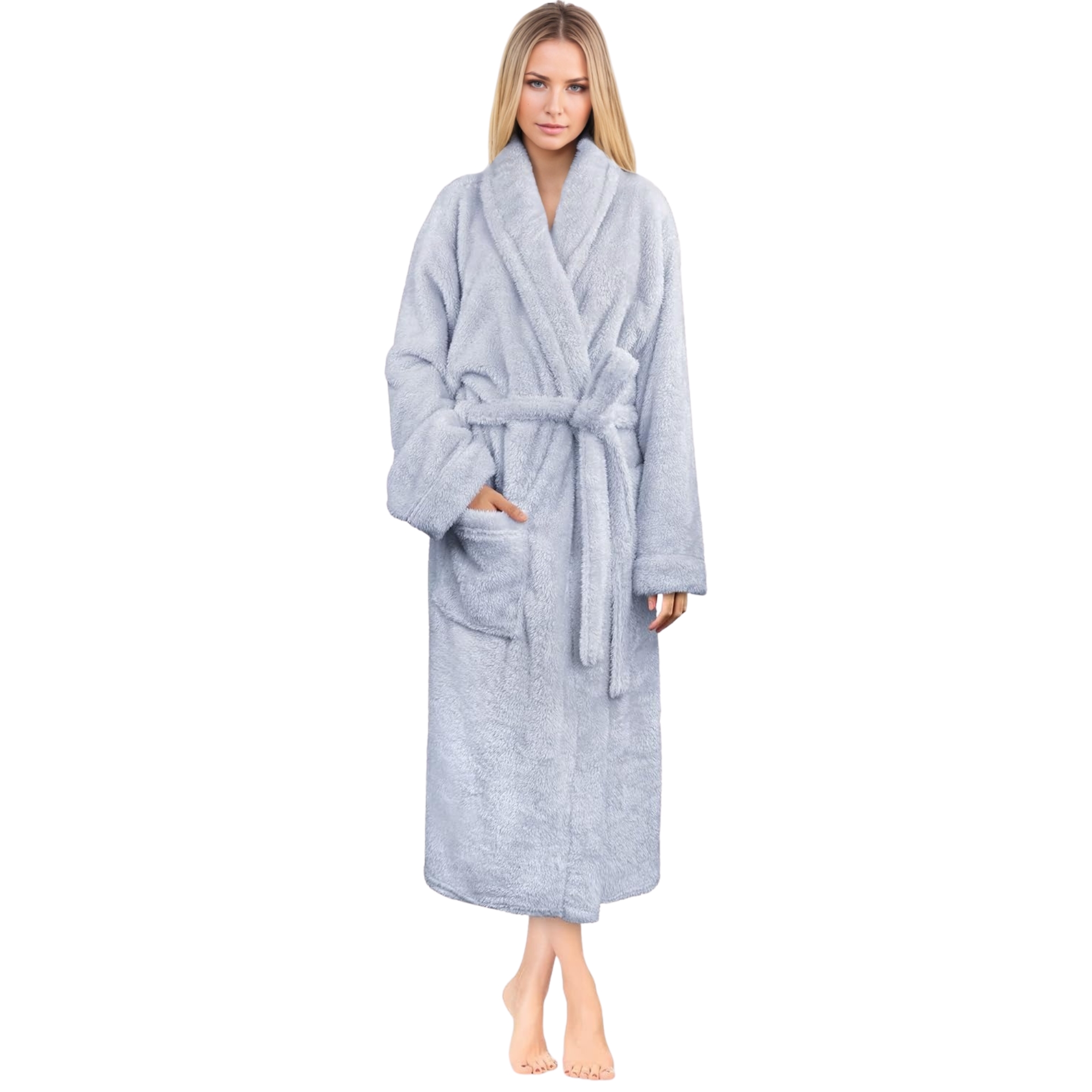 Plush Fleece Sherpa Style Long Bath Robe With Side Pockets For Women