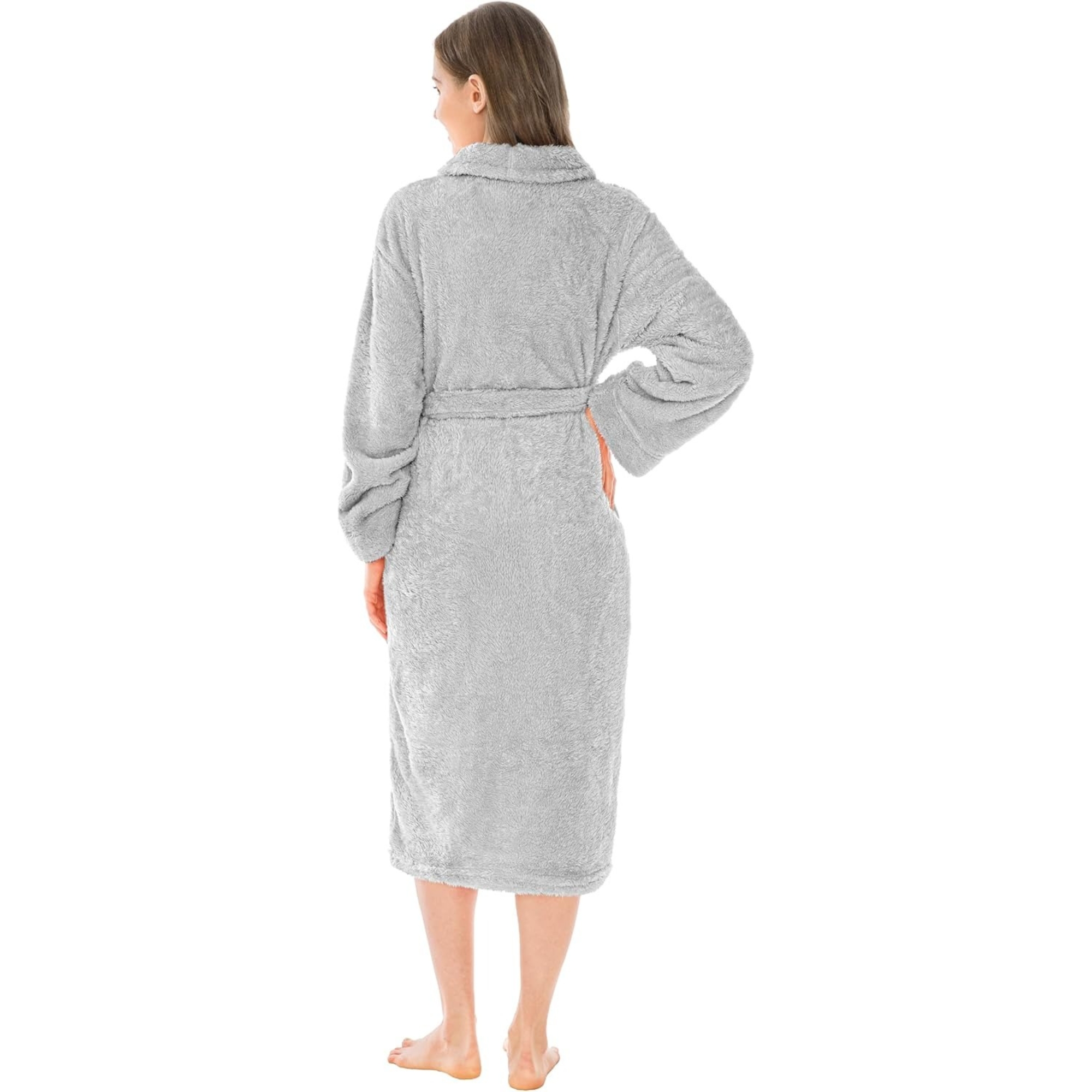 Plush Fleece Sherpa Style Long Bath Robe With Side Pockets For Women