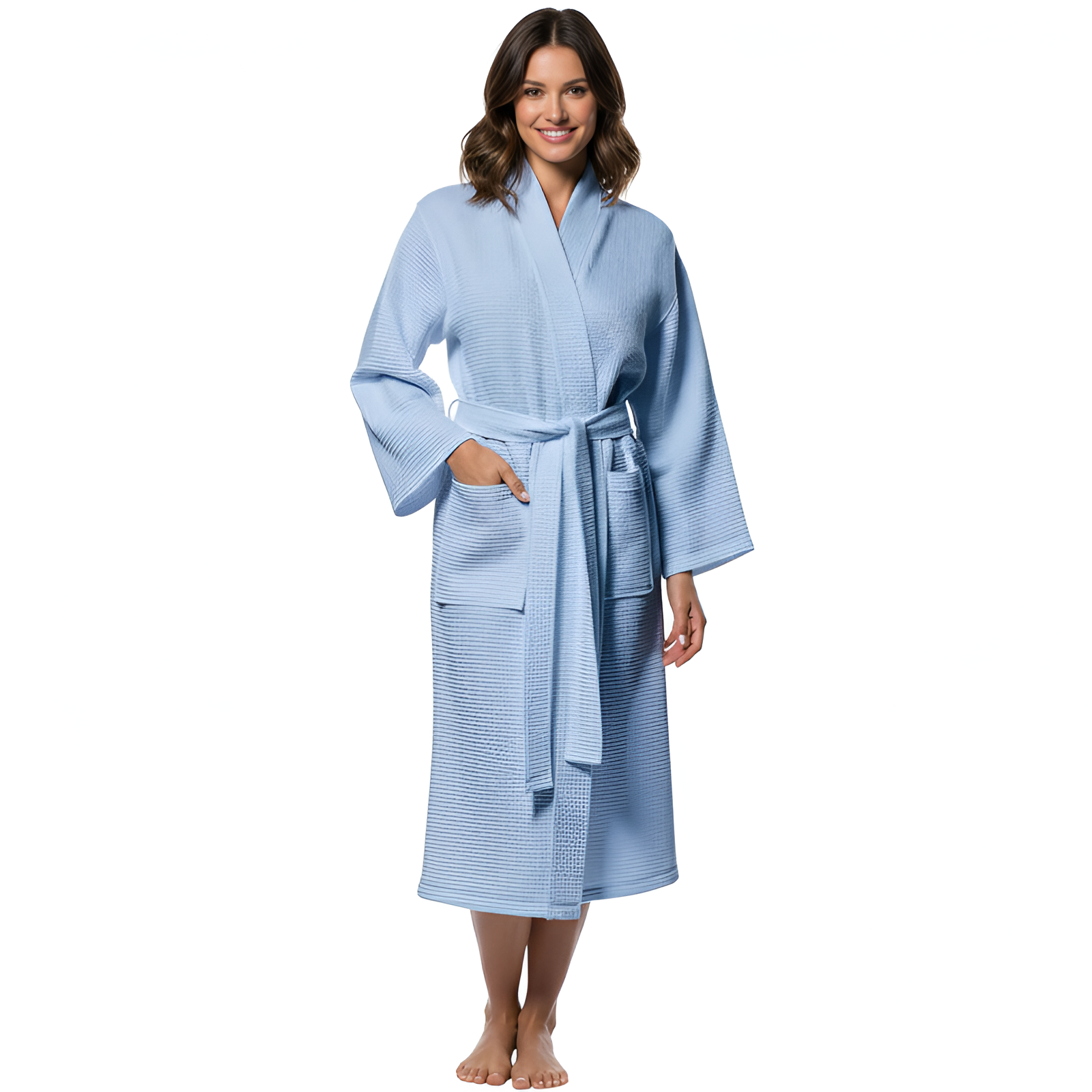 Lightweight Waffle Kimono Style Full Length Bathrobe