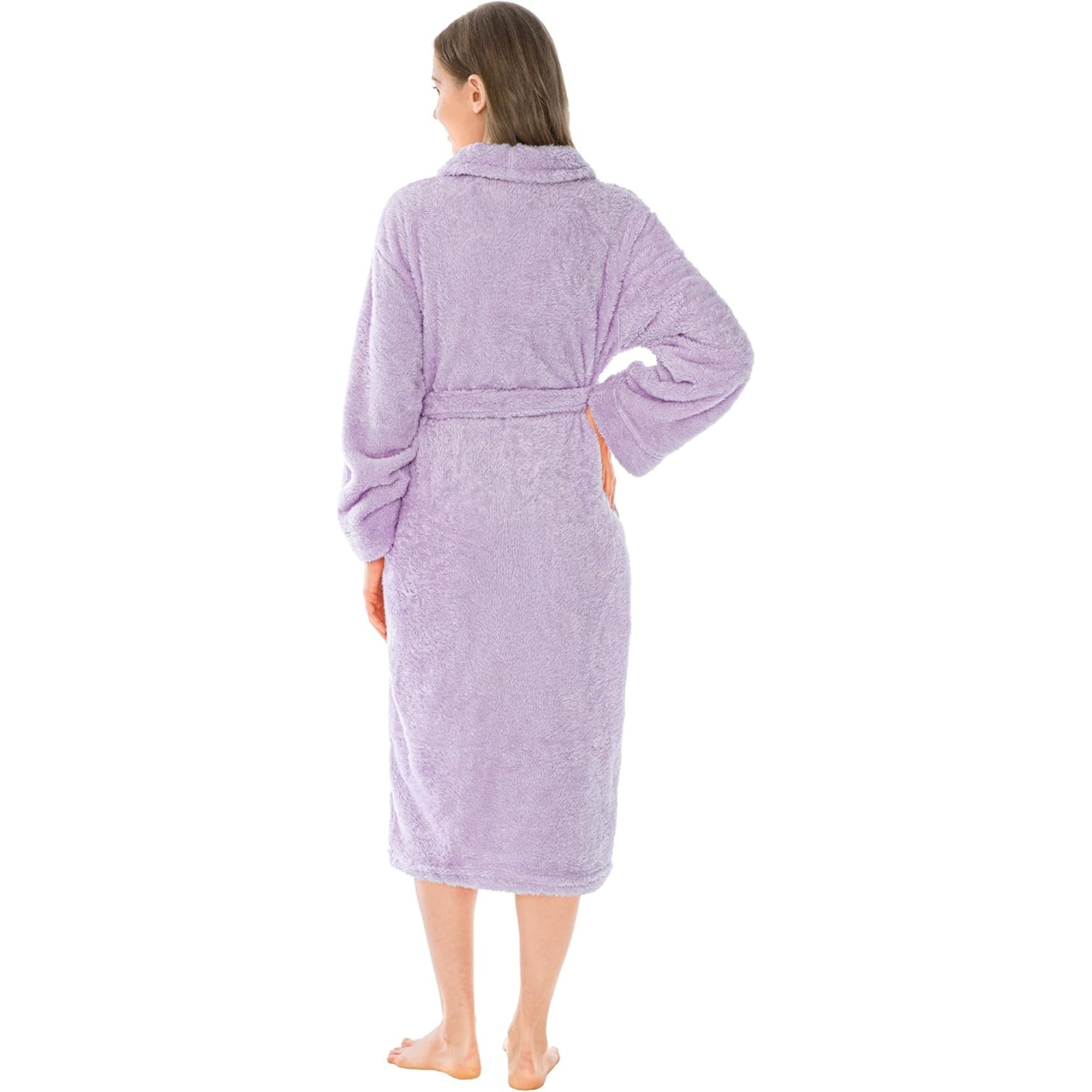 Plush Fleece Sherpa Style Long Bath Robe With Side Pockets For Women