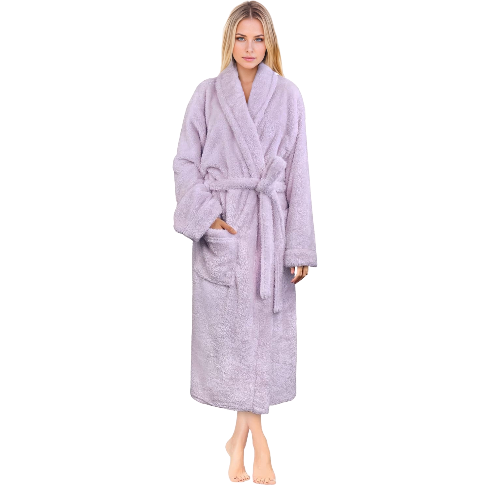 Plush Fleece Sherpa Style Long Bath Robe With Side Pockets For Women