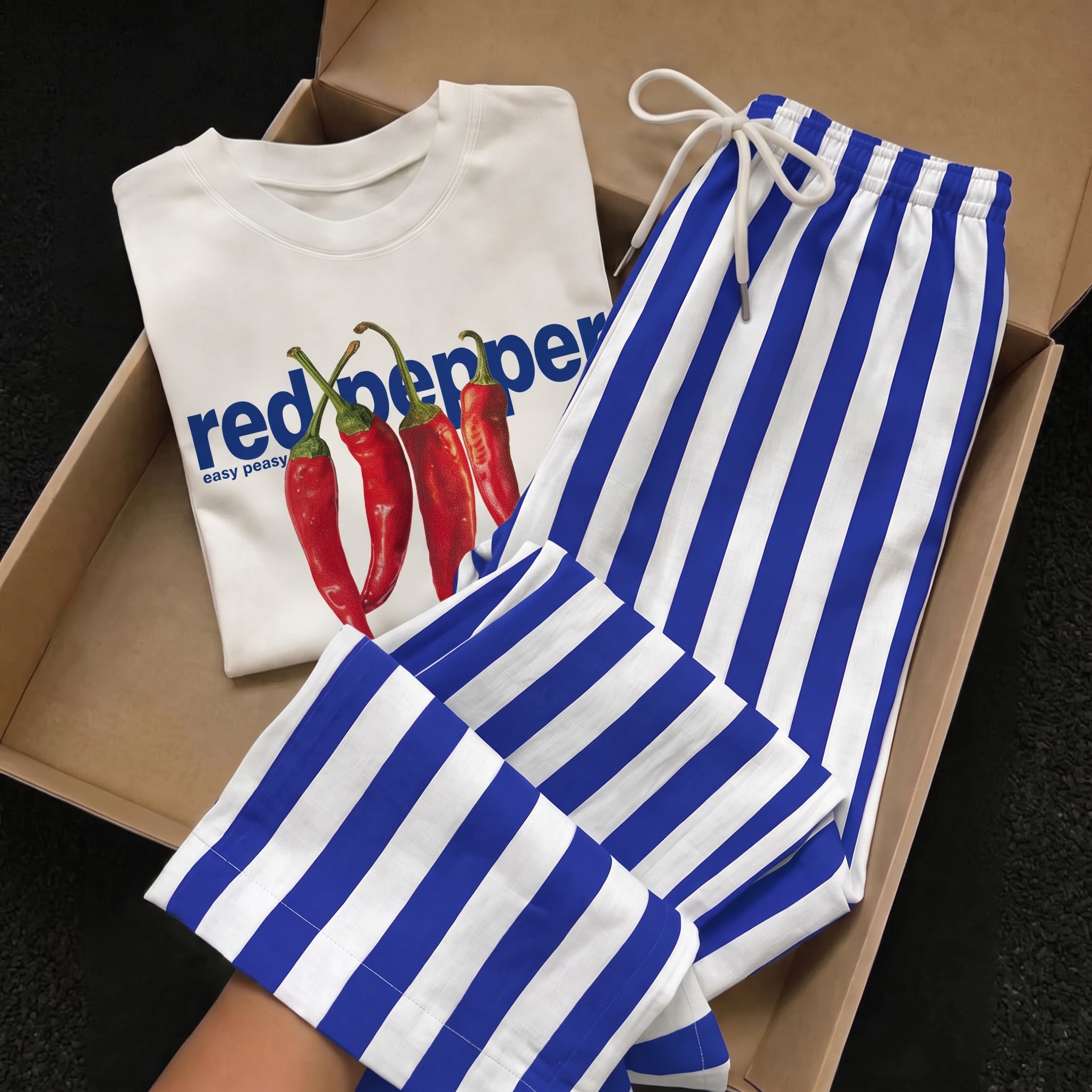 Striped Print Short Sleeve Top and Pants 2 Piece Vacation Set for Women