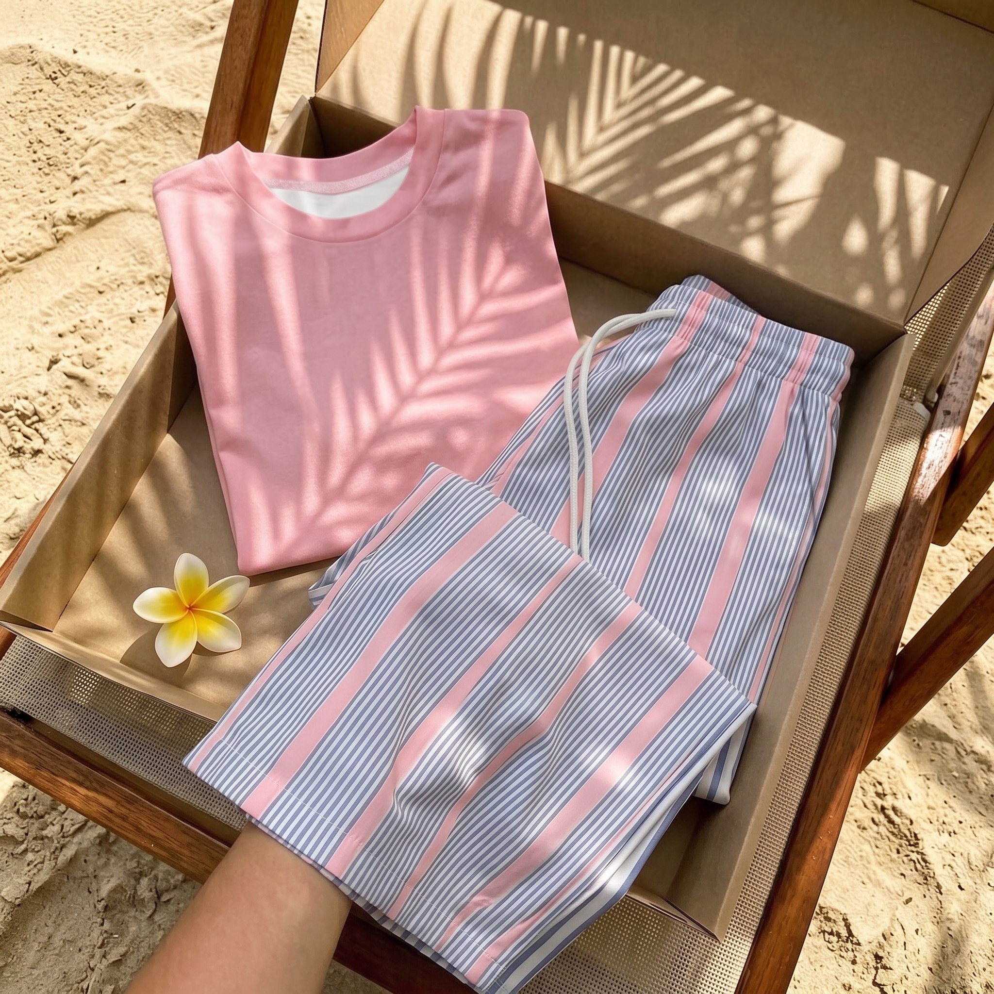 Striped Print Short Sleeve Top and Pants 2 Piece Vacation Set for Women