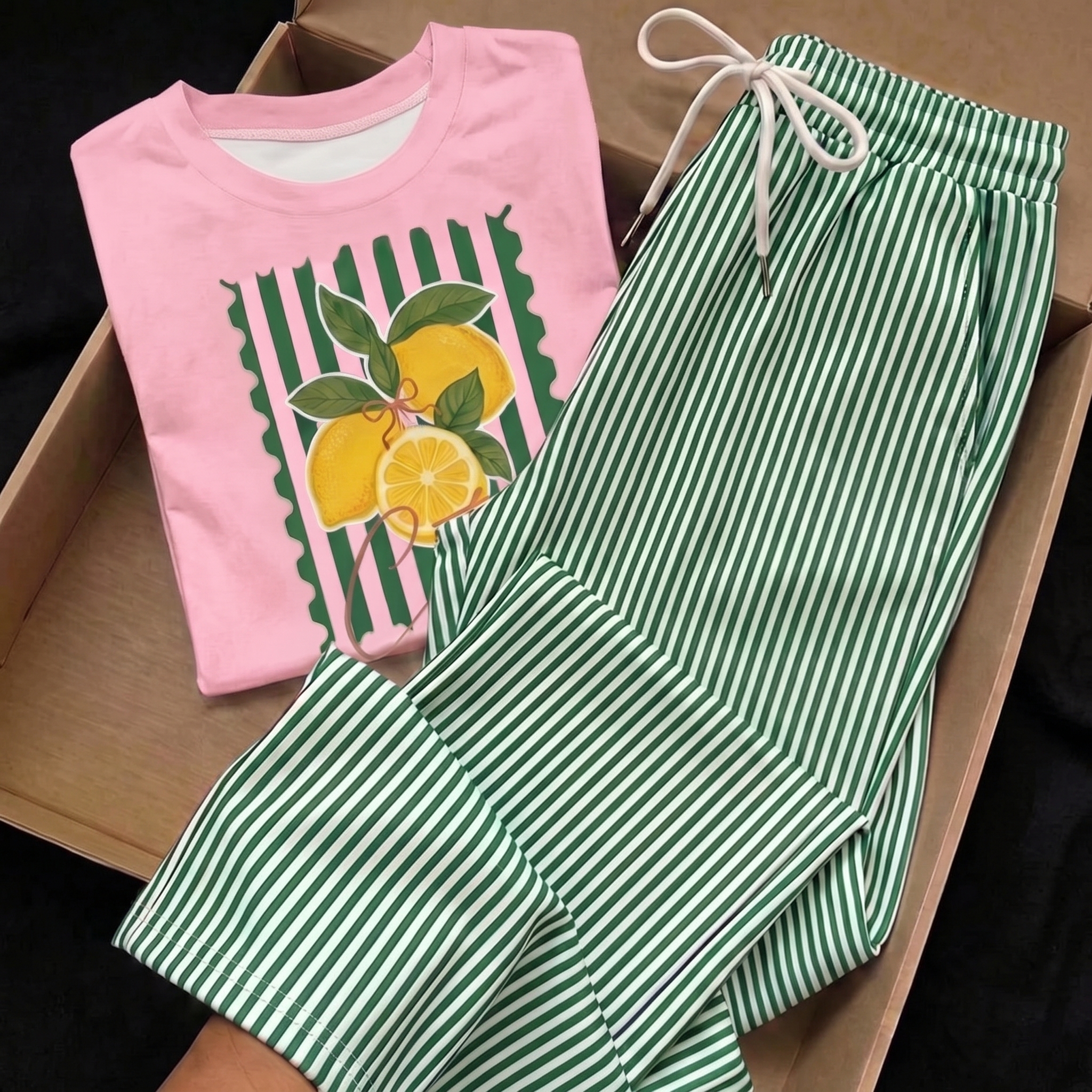 Striped Print Short Sleeve Top and Pants 2 Piece Vacation Set for Women