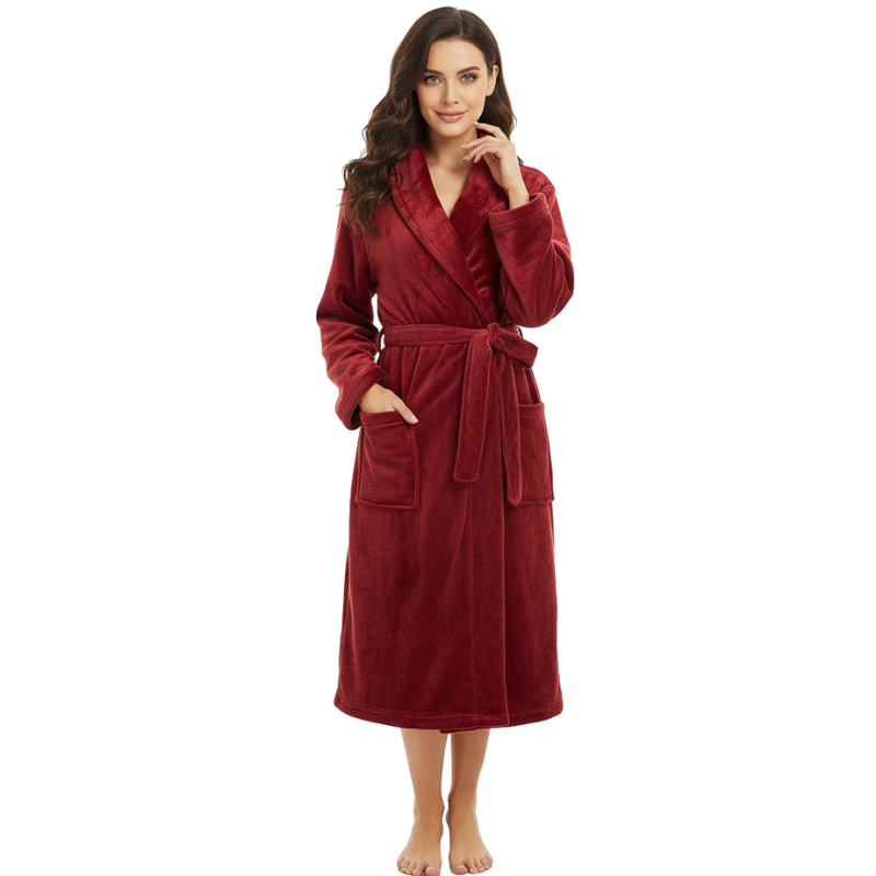 Warm Plush Fleece Kimono Style Long Bathrobe