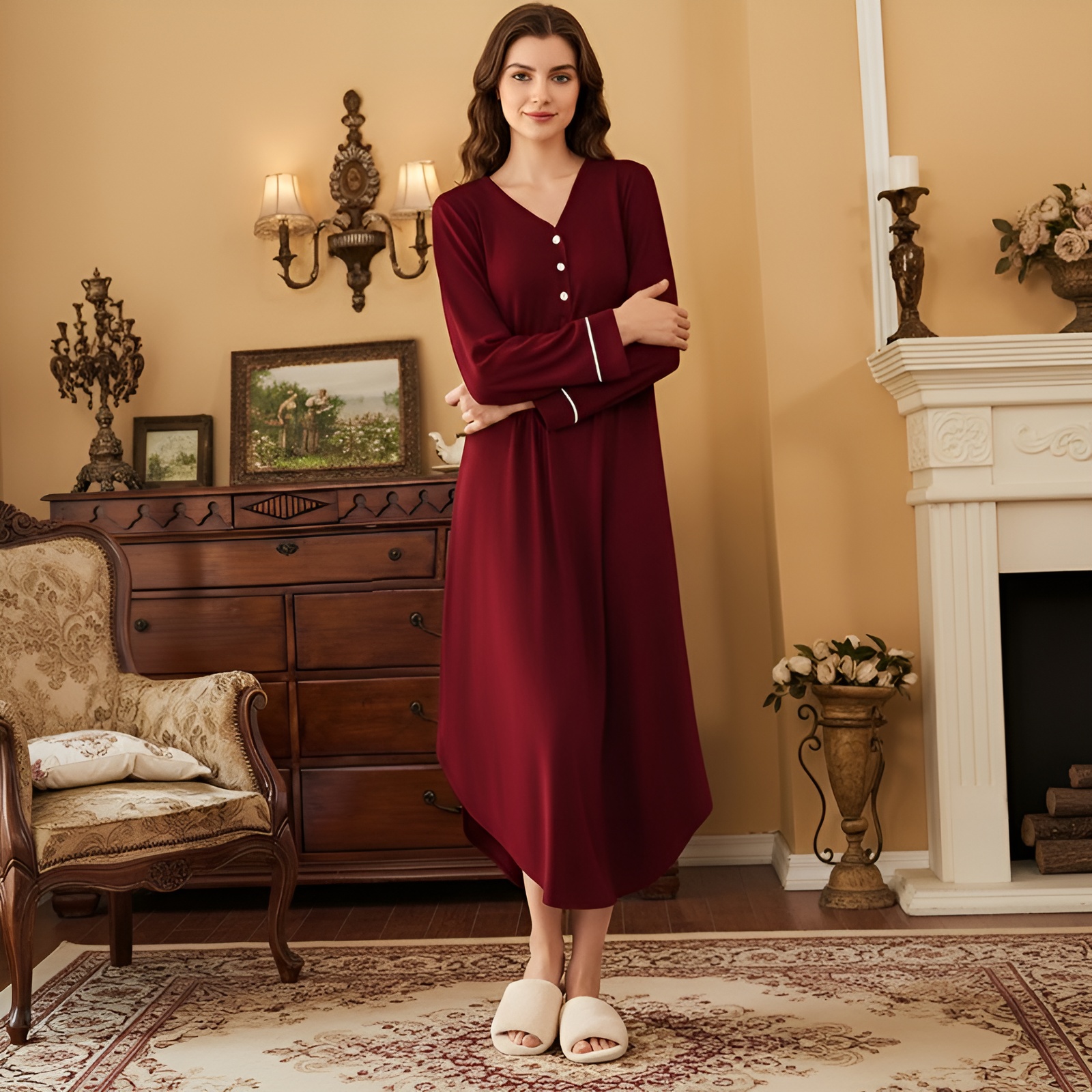 Classic Nightgown With Long Sleeve Button Down Design For Women