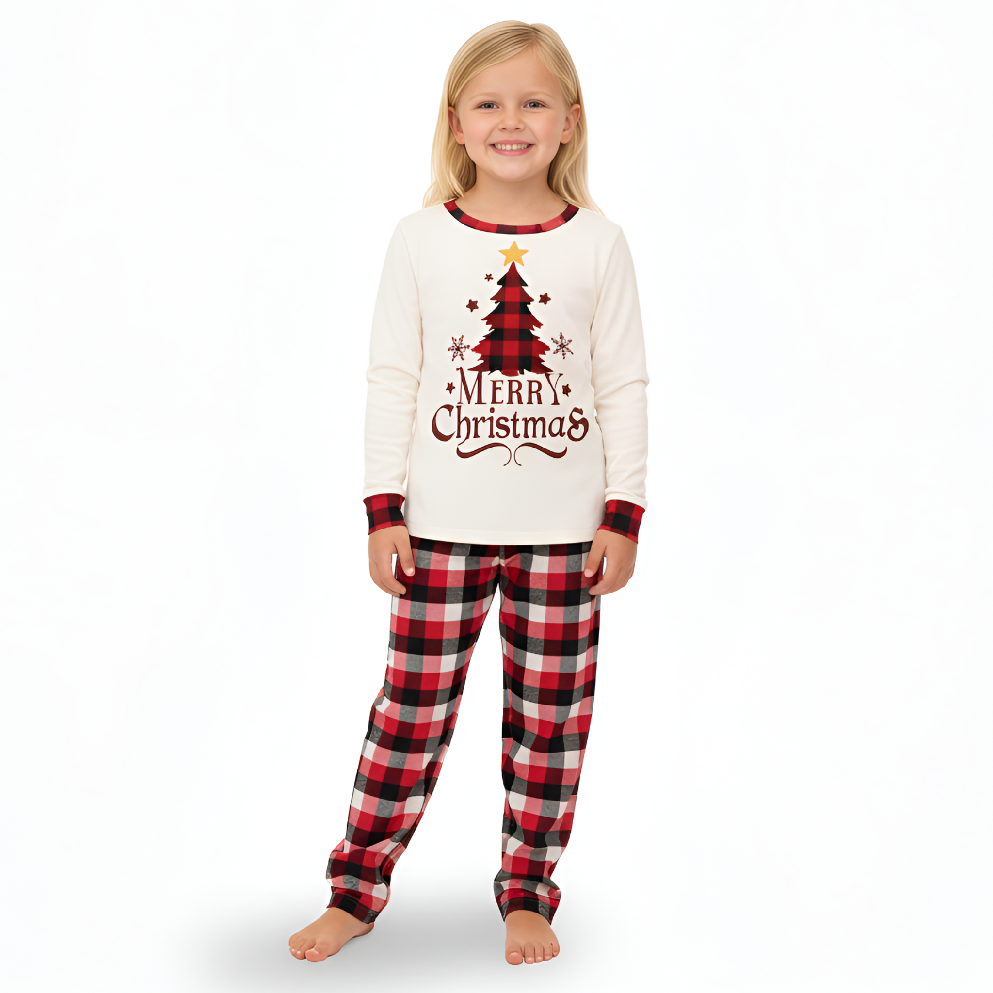 Merry Christmas Tree with Plaid Pants and Pet Outfit Family Matching Pajama Sets