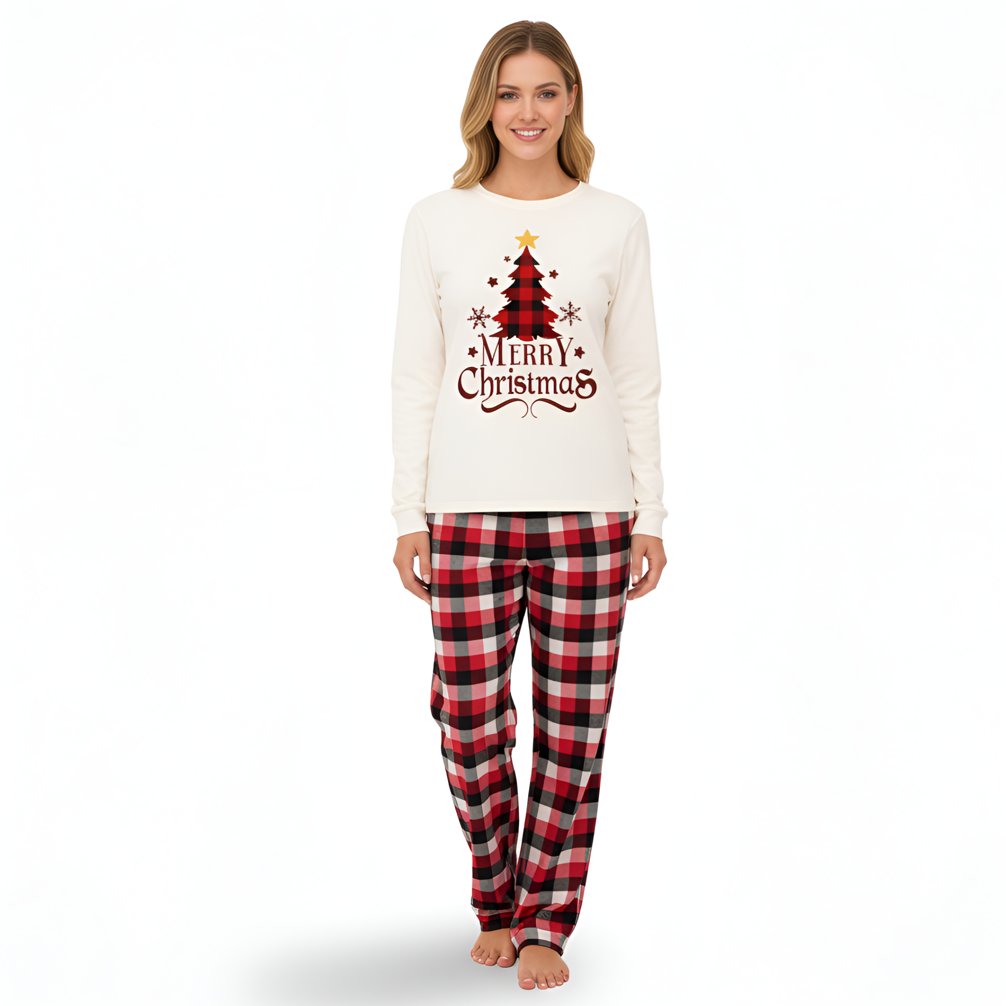 Merry Christmas Tree with Plaid Pants and Pet Outfit Family Matching Pajama Sets