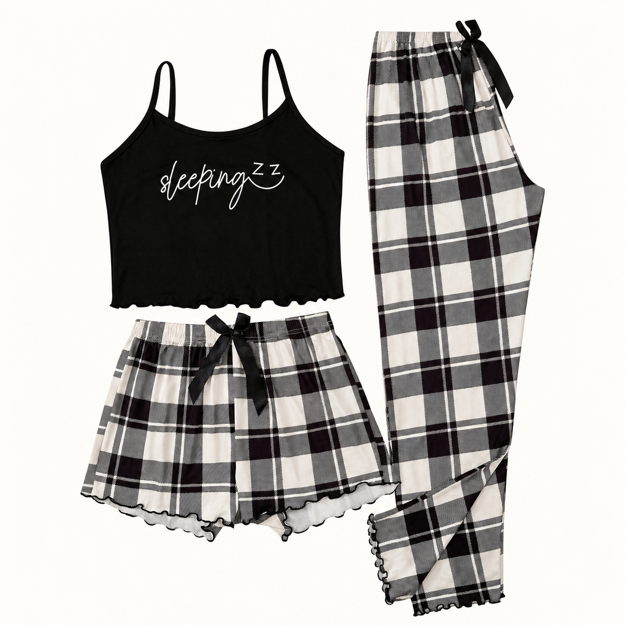 Letter Print Plaid Camisole Shorts and Pants 3 Piece Pajama Set for Women