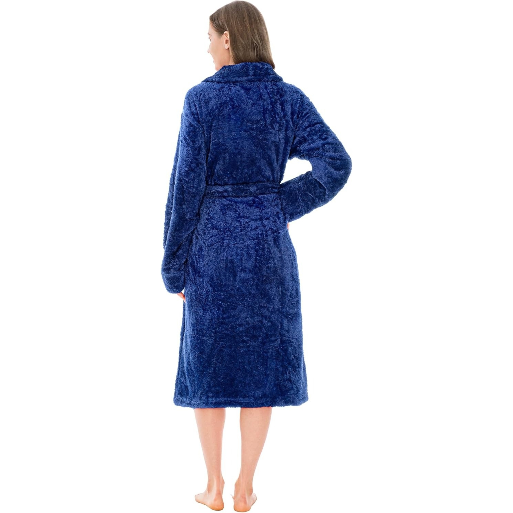 Plush Fleece Sherpa Style Long Bath Robe With Side Pockets For Women