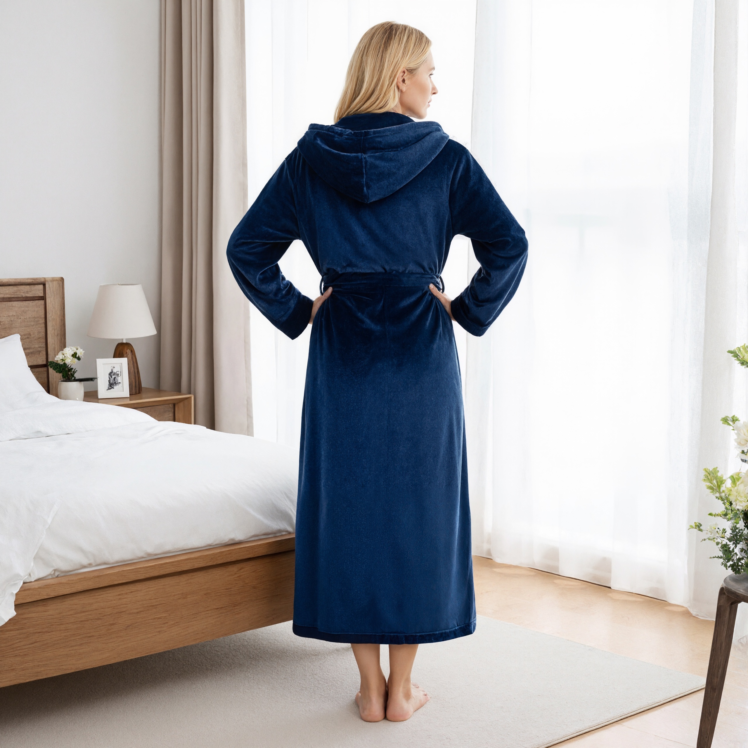 Hooded Plush Fleece Long Bath Robe With Belt And Pockets For Women