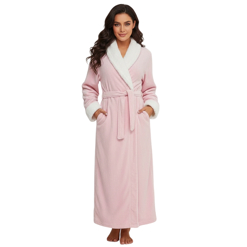 Long Fleece Shawl Collar Design Bathrobe For Women
