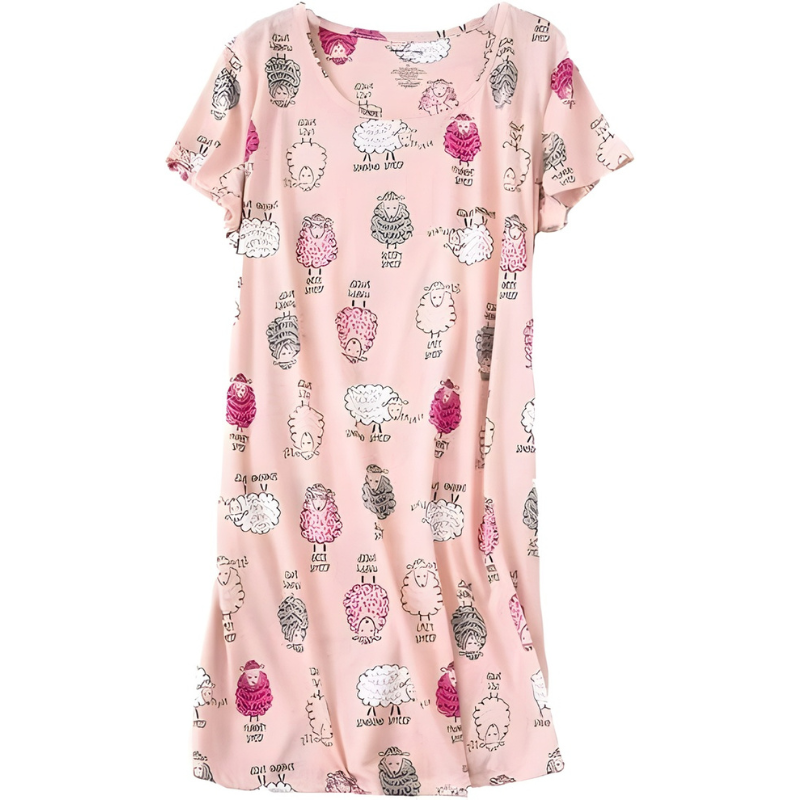 Casual Nightgown Sleepwear With Short Sleeves And Sheep Print For Women