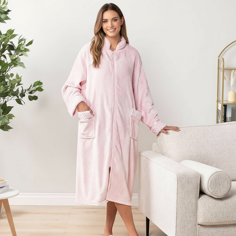 Cozy Zip Up Front Bathrobe With Soft Fleece For Women