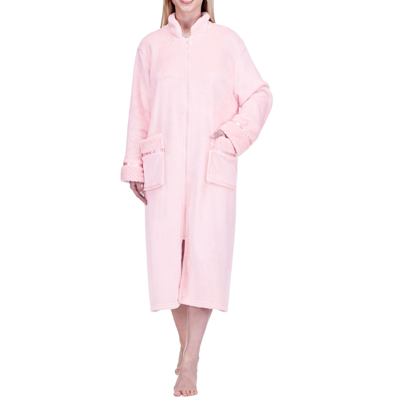 Cozy Zip Up Front Bathrobe With Soft Fleece For Women